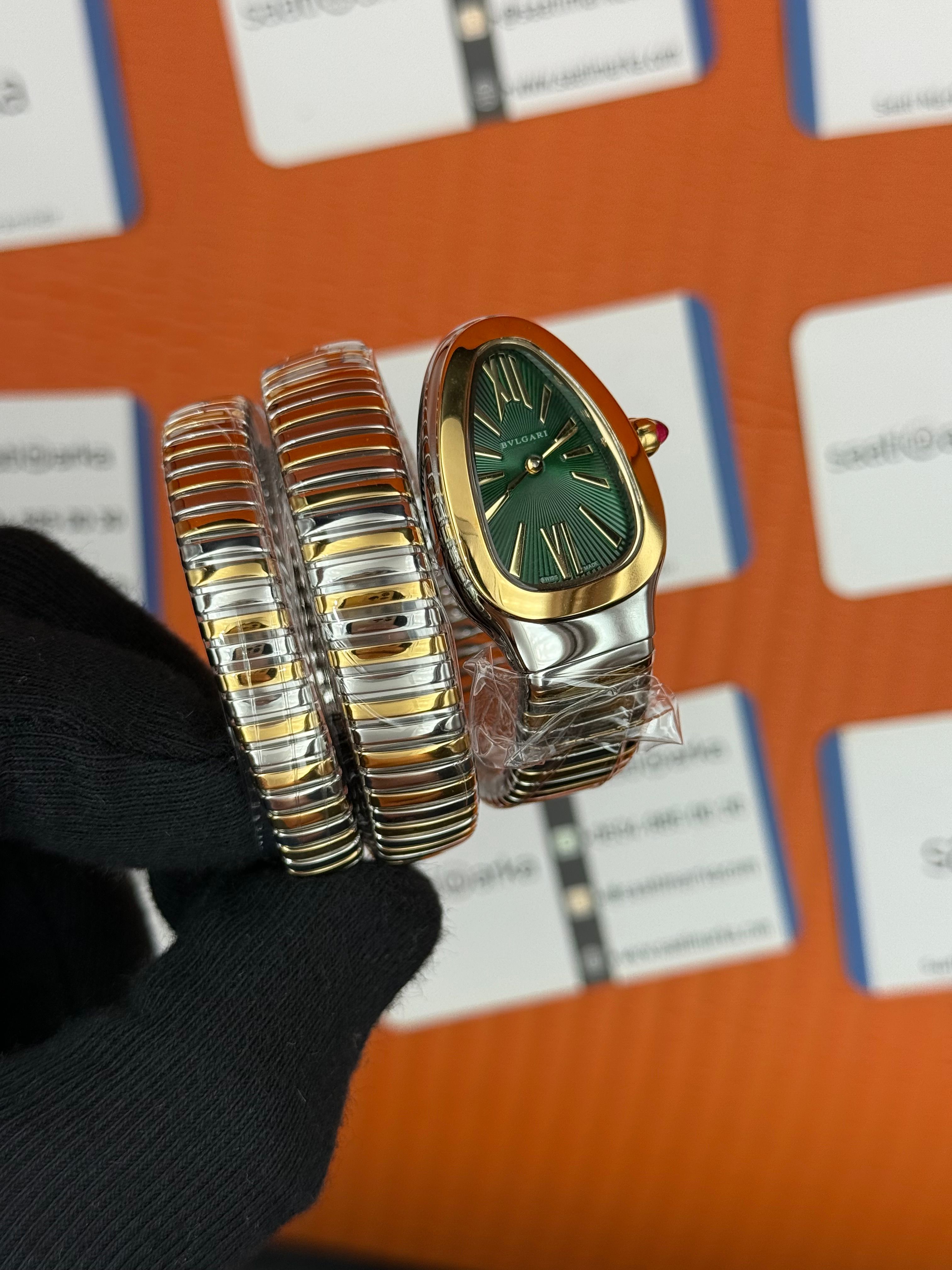 BVLGARİ serpenti çift sarma gold silver kordon yeşil kadran kadın kol saati