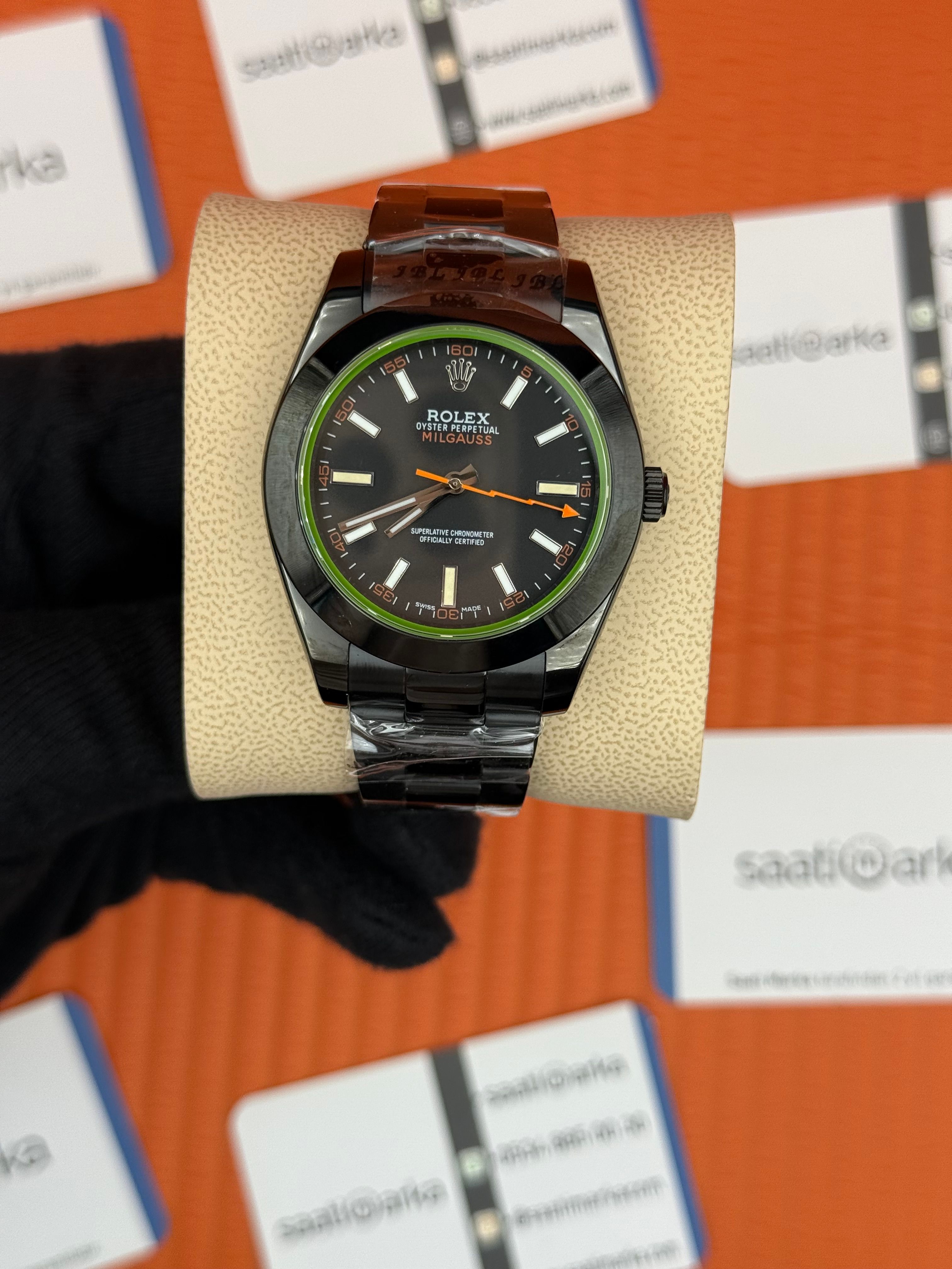 ROLEX Milgauss siyah kadran siyah kasa kordon
