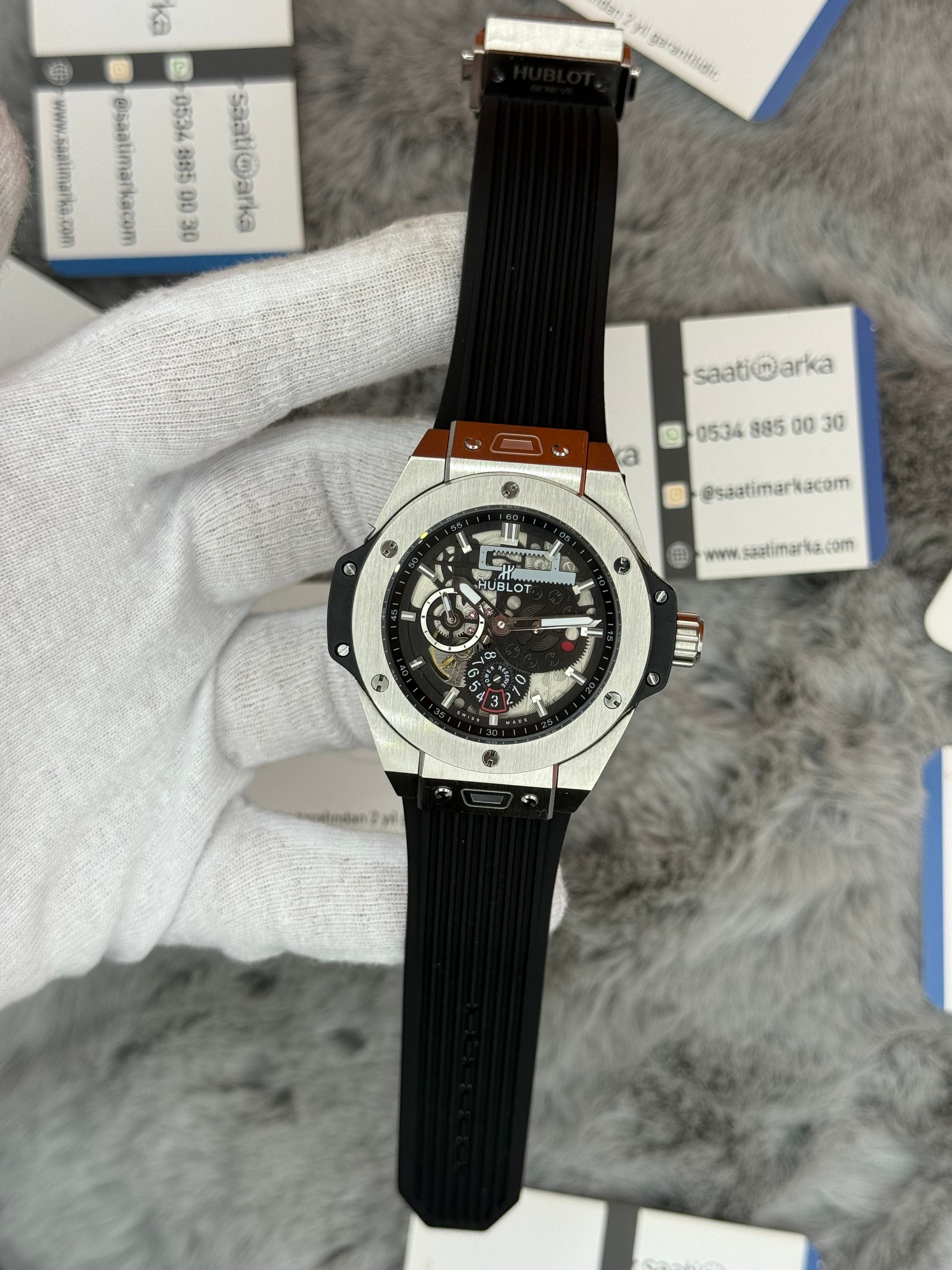 HUBLOT big bang tourbillon 42mm silver kasa siyah kauçuk kordon erkek kol saati