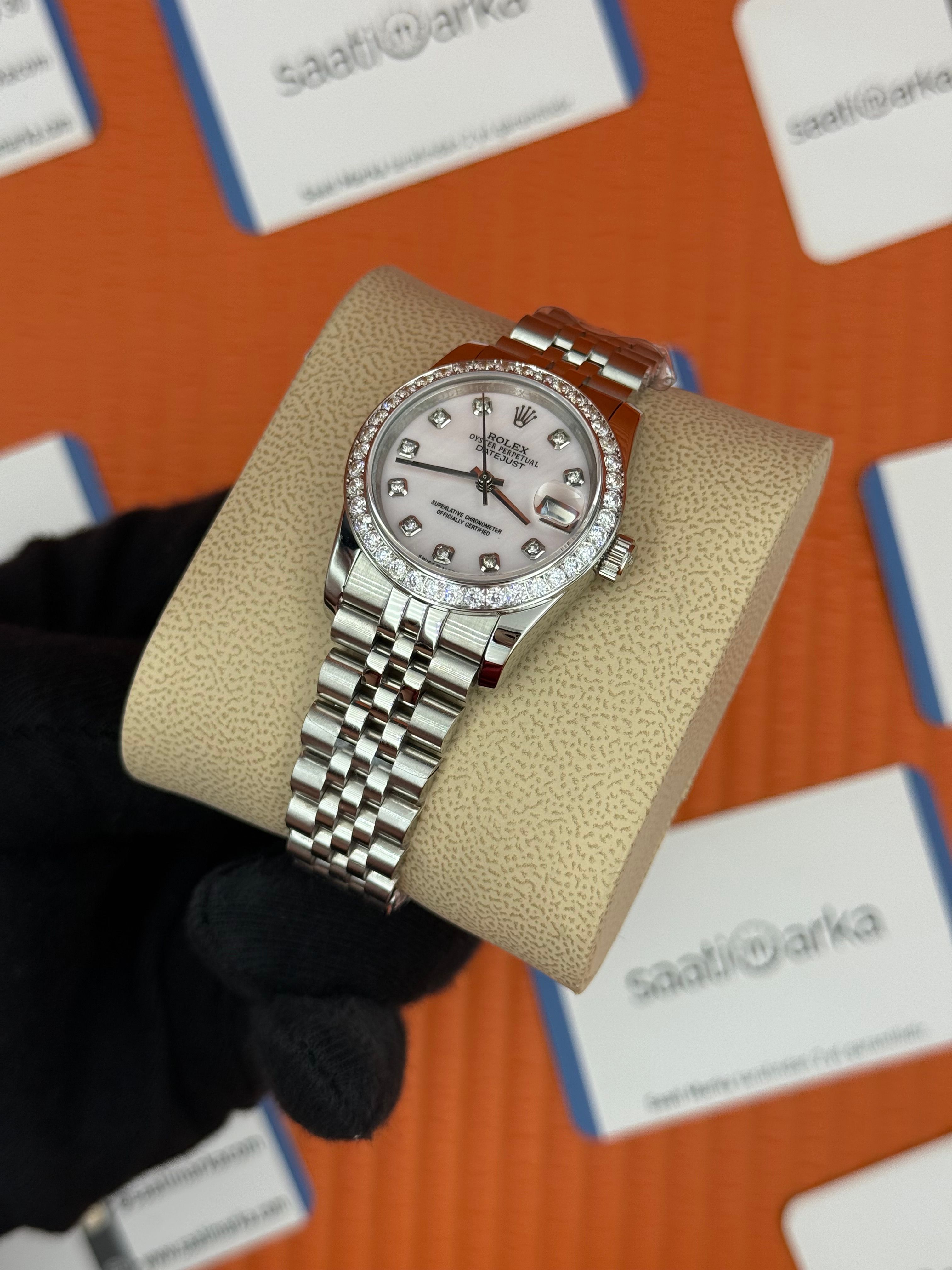 ROLEX datejust 31mm toz pembe kadran silver jubilee kordon taşlı bezel 