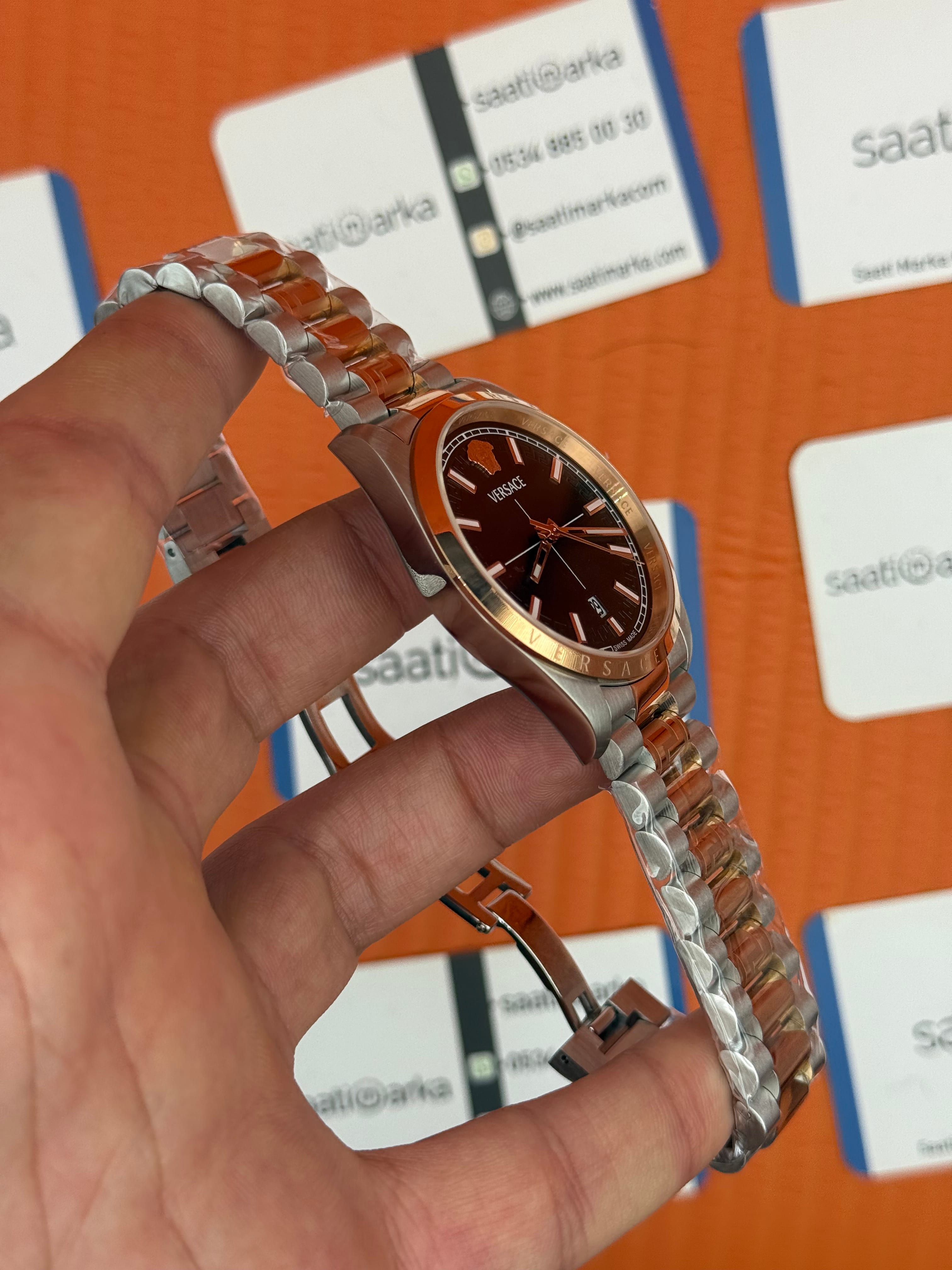 VERSACE 40mm siyah kadran rose silver kasa kordon erkek kol saati