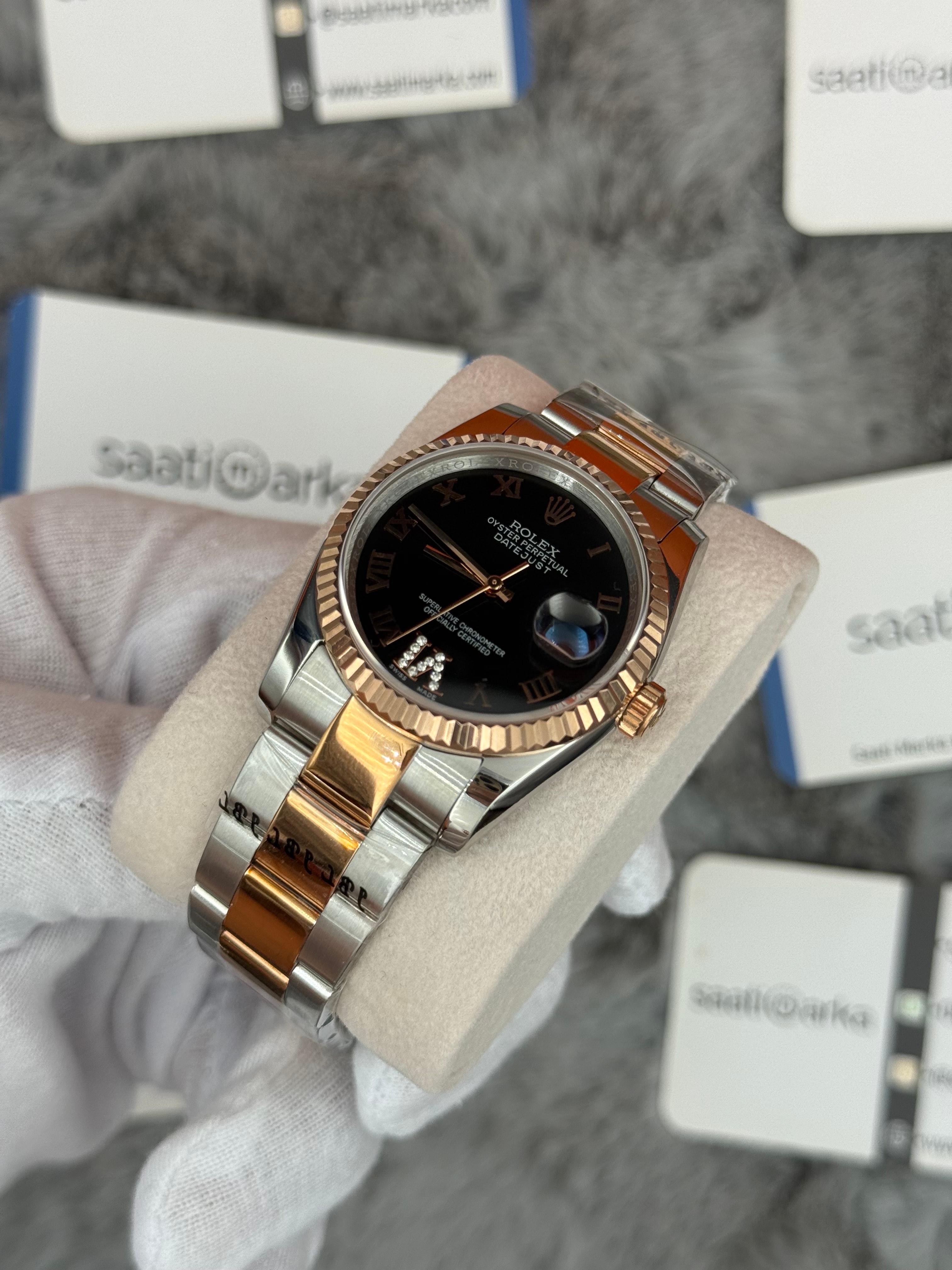 ROLEX datejust 36mm siyah kadran silver kasa rose silver oyster kordon 