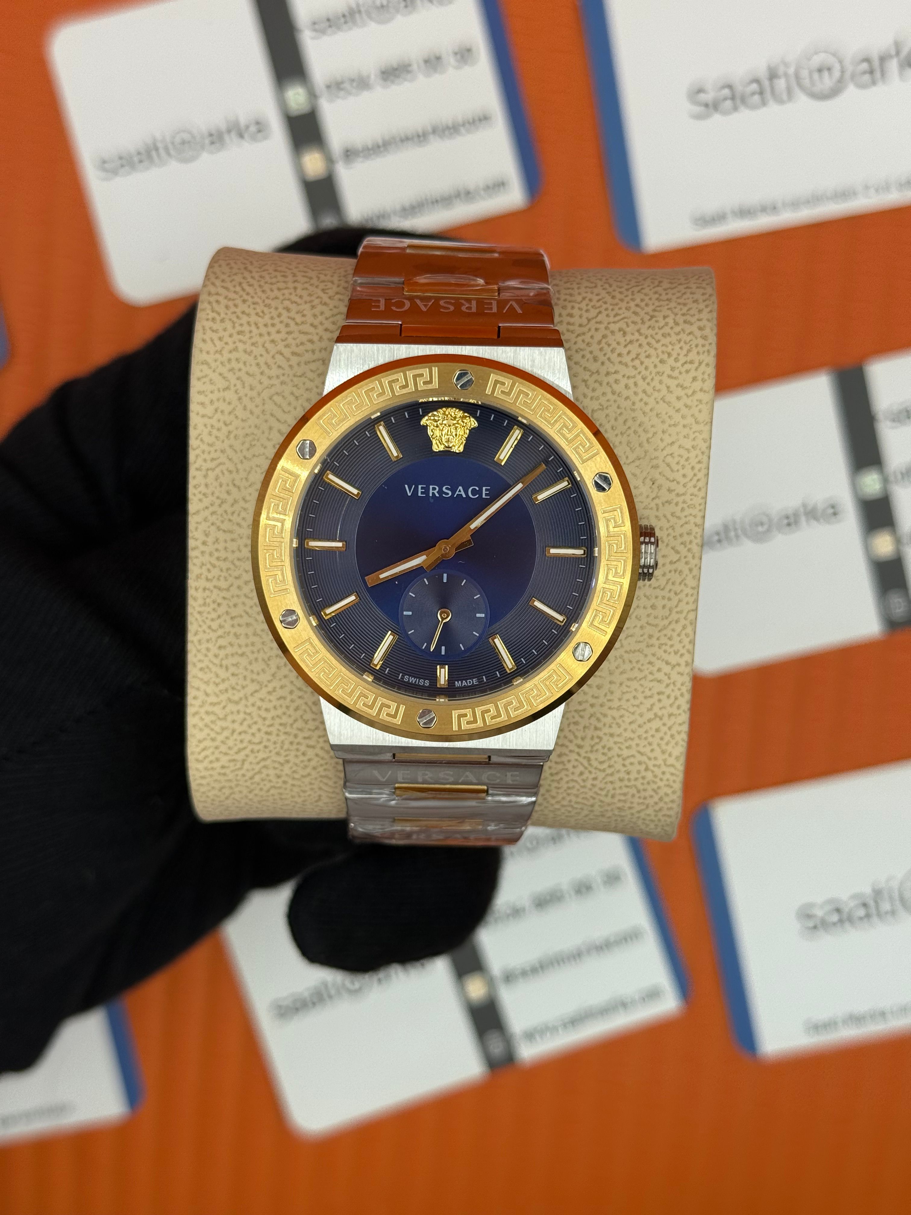 VERSACE mavi kadran gold silver kasa kordon erkek kol saati
