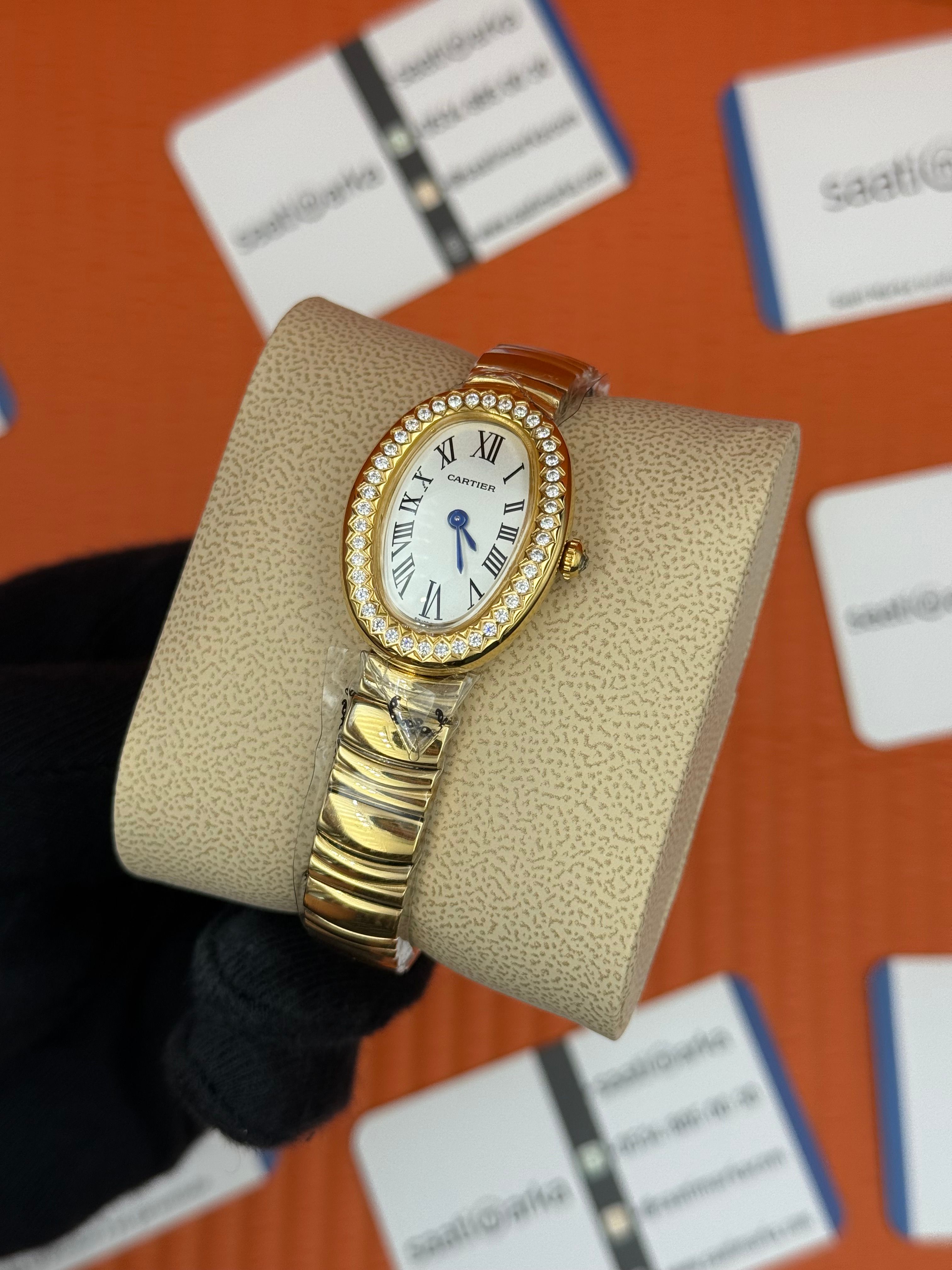 CARTIER Baignoire 31mm taşlı bezel gold kasa-kordon