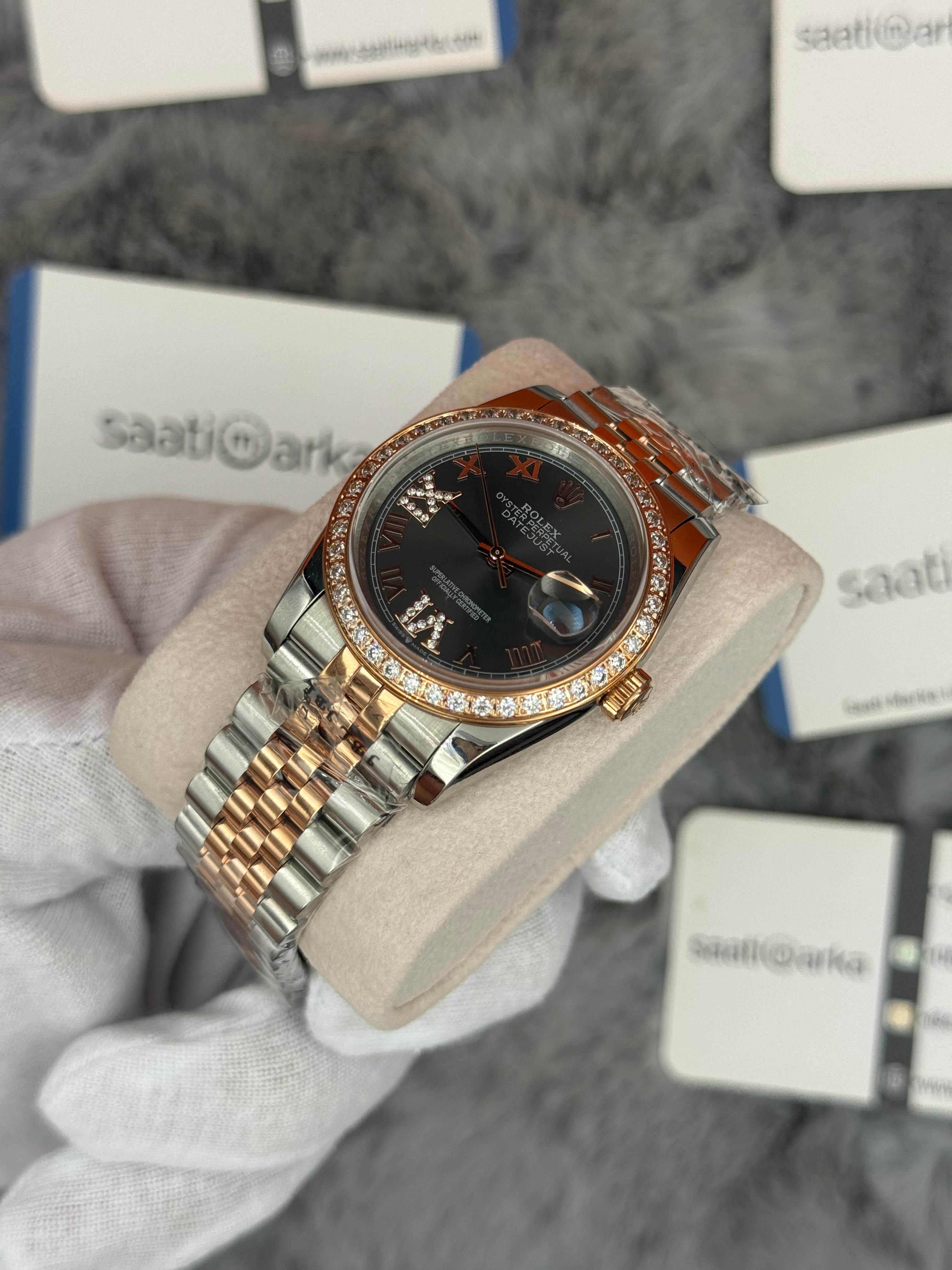 ROLEX Datejust 35mm gri kadran taşlı bezel silver kasa rose silver jubilee kordon