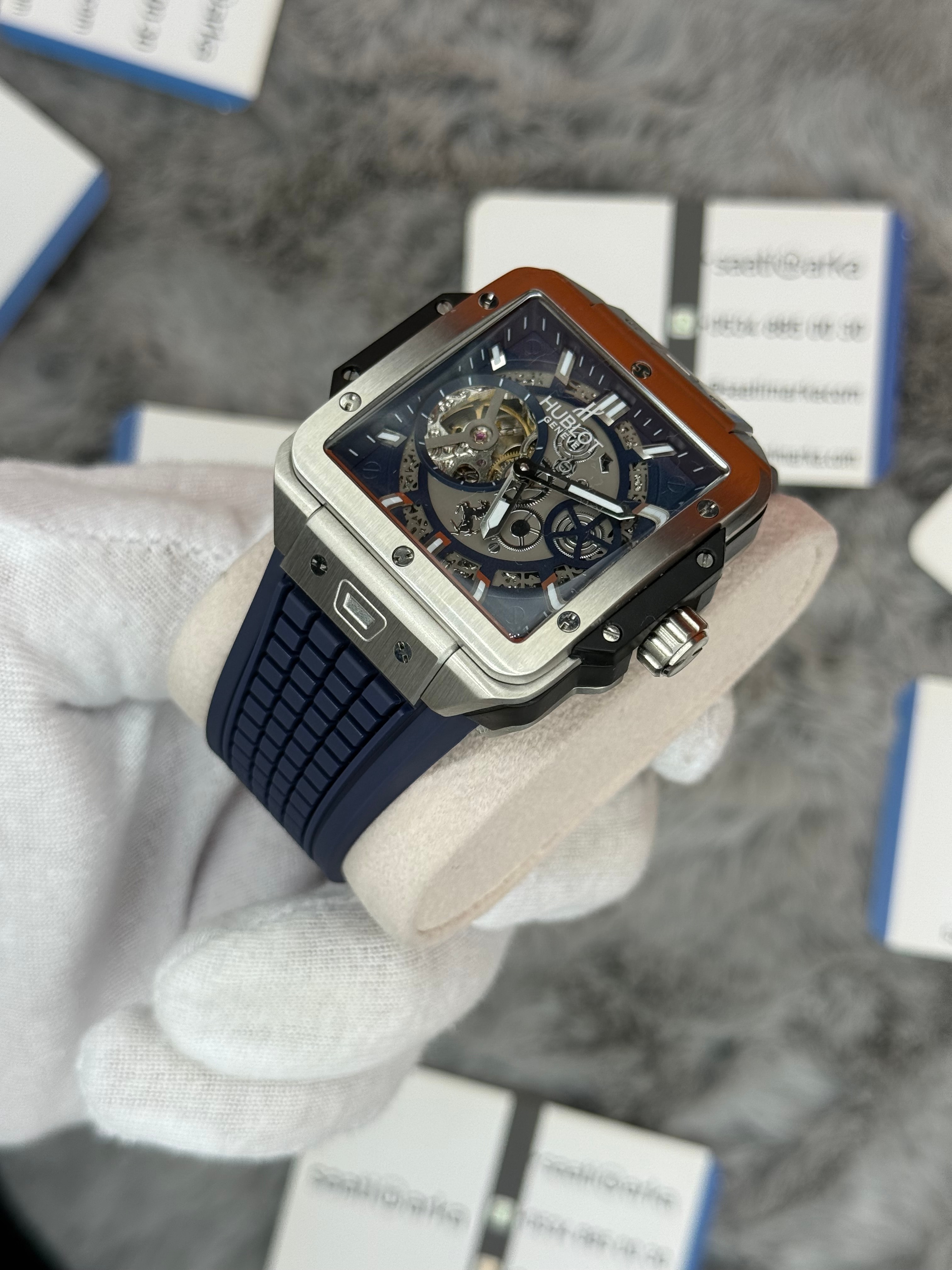 HUBLOT square bang tourbillon 42mm silver kasa lacivert kauçuk kordon erkek kol saati