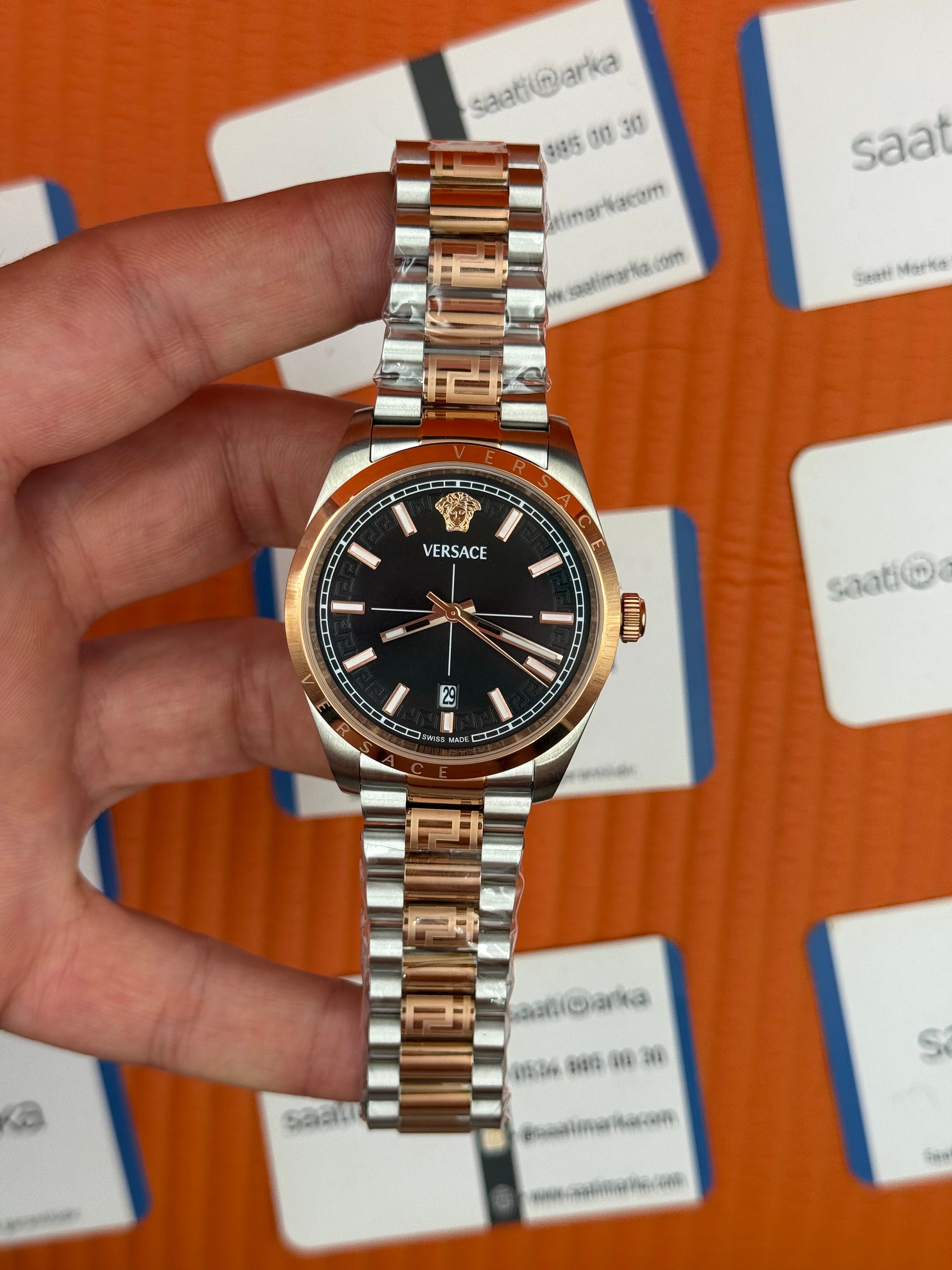 VERSACE 40mm siyah kadran rose silver kasa kordon erkek kol saati