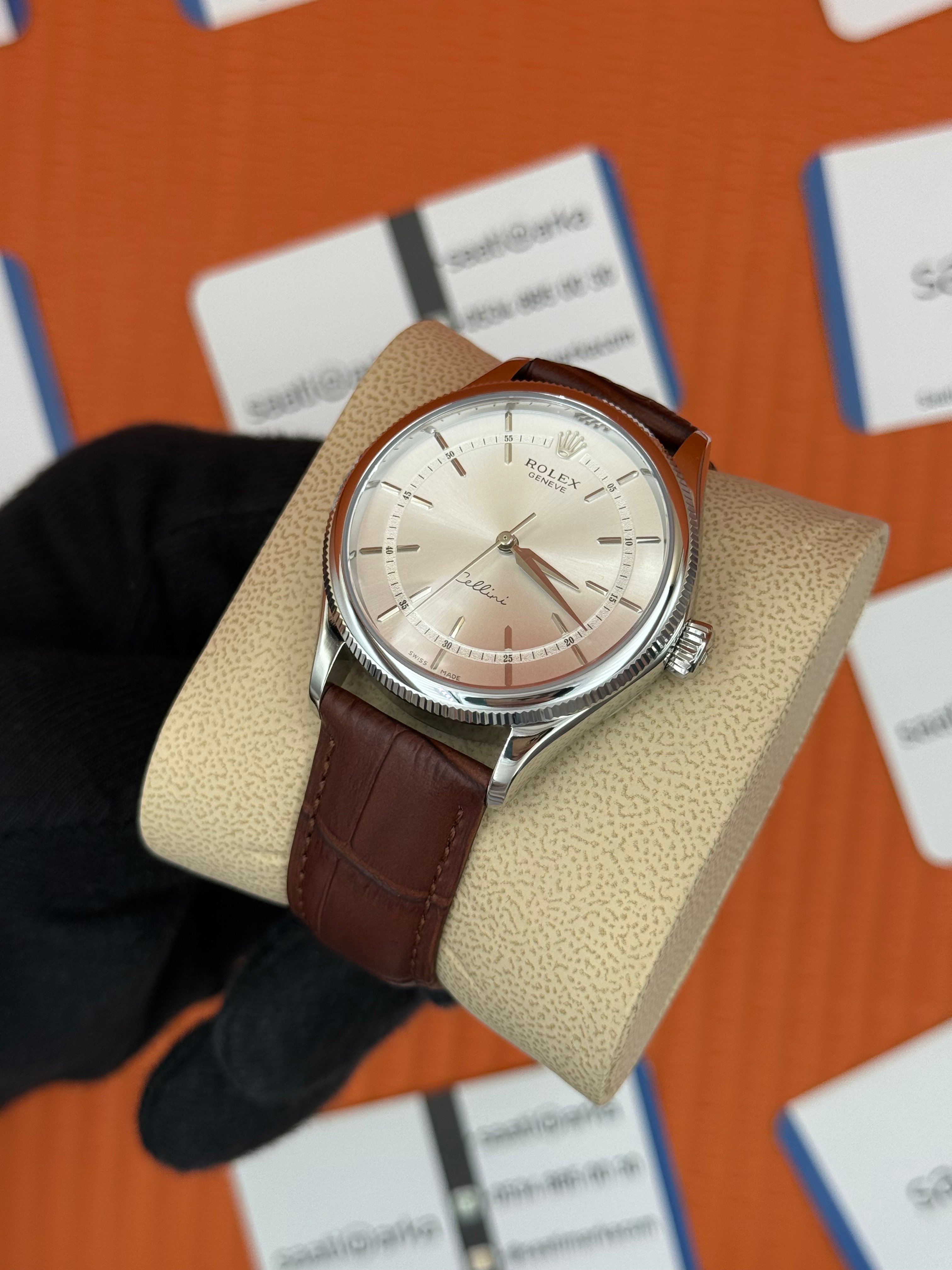 ROLEX Cellini silver kasa beyaz kadran kahverengi deri kordon