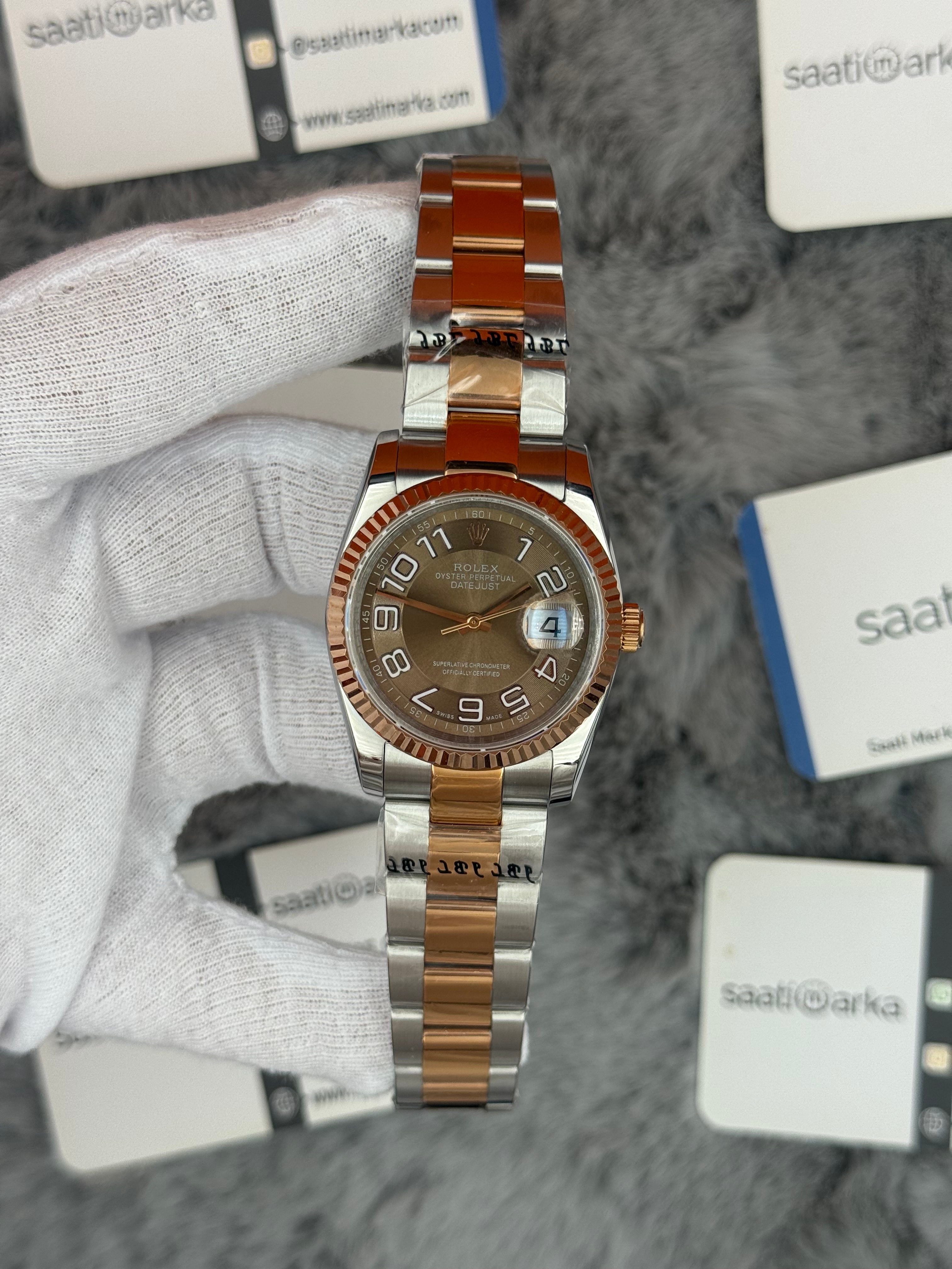 ROLEX Datejust 36mm kahverengi kadran silver kasa rose silver oyster kordon 