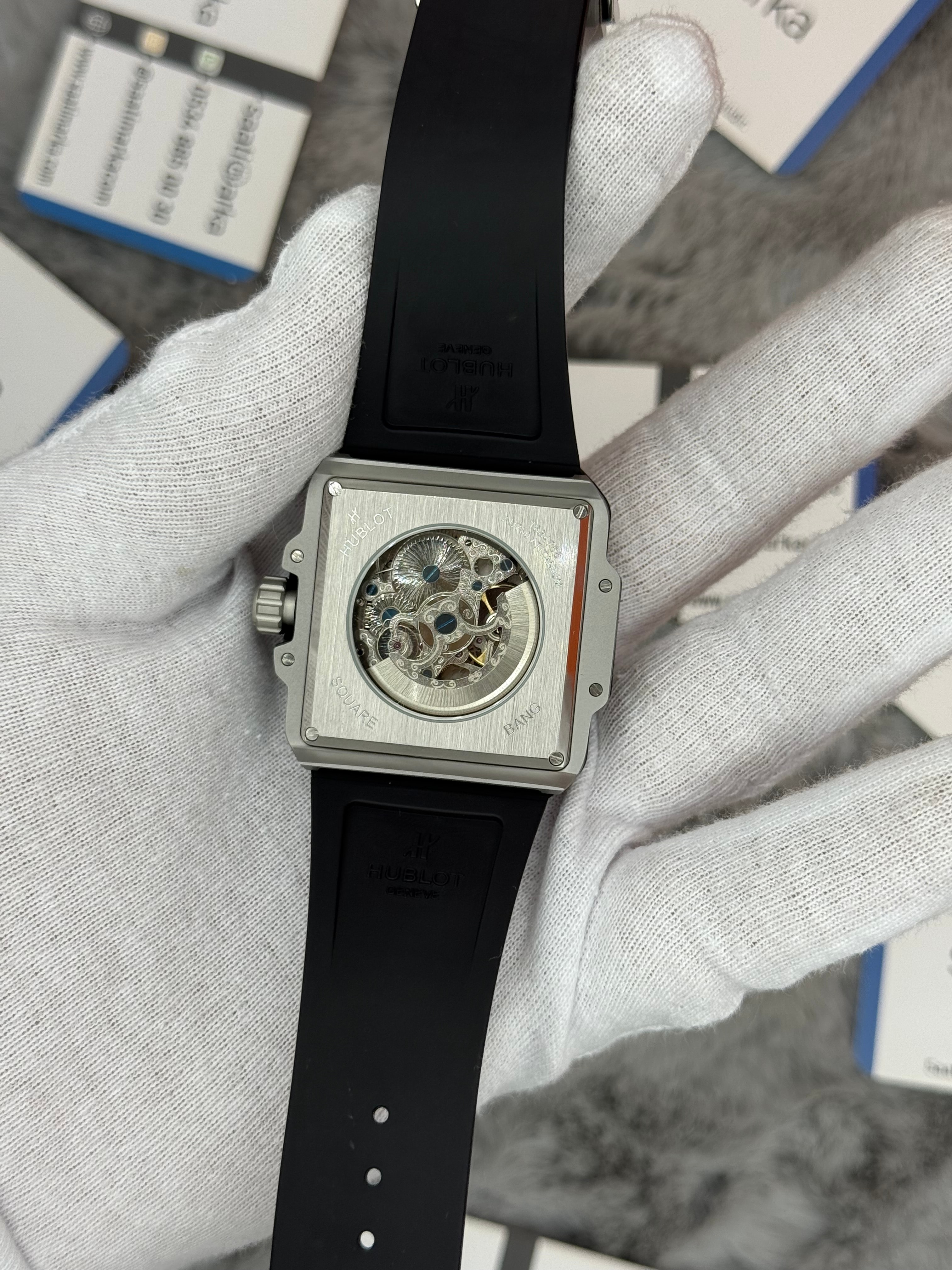HUBLOT square bang tourbillon 42mm silver kasa siyah kauçuk kordon erkek kol saati
