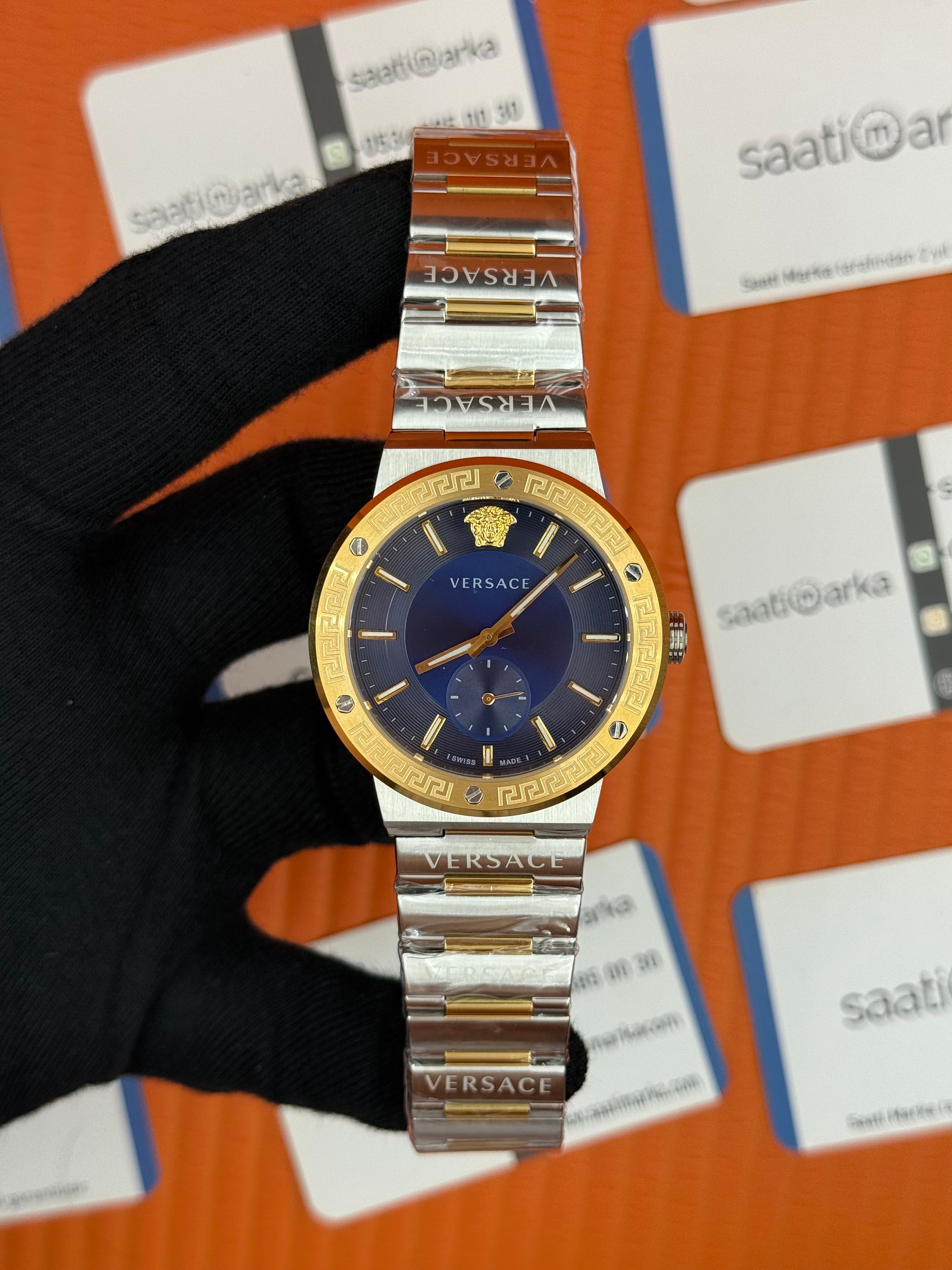 VERSACE mavi kadran gold silver kasa kordon erkek kol saati