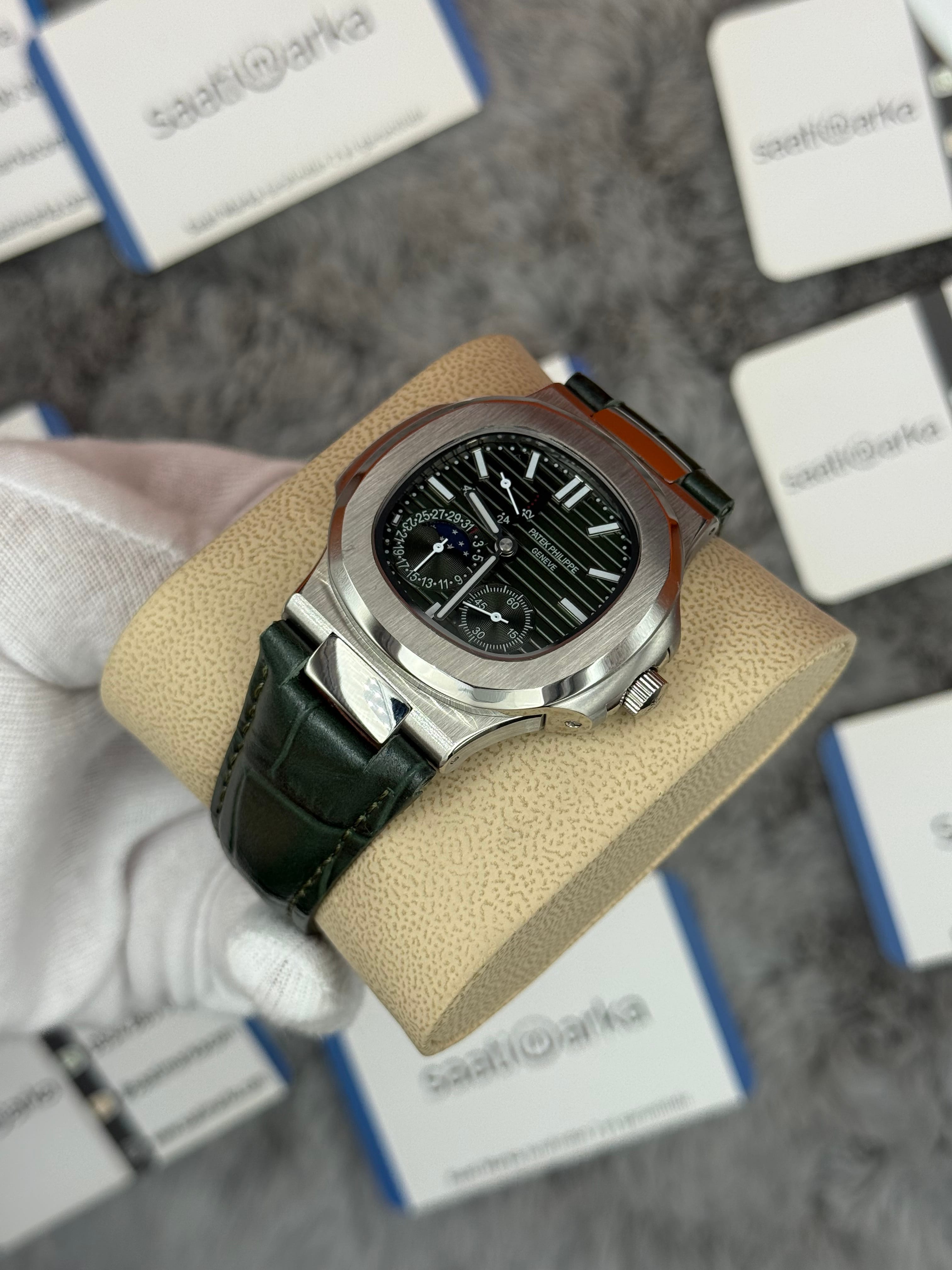PATEK PHİLİPPE nautilus moontphase 5712 yeşil kadran yeşil deri kordon silver kasa 40mm erkek kol saati