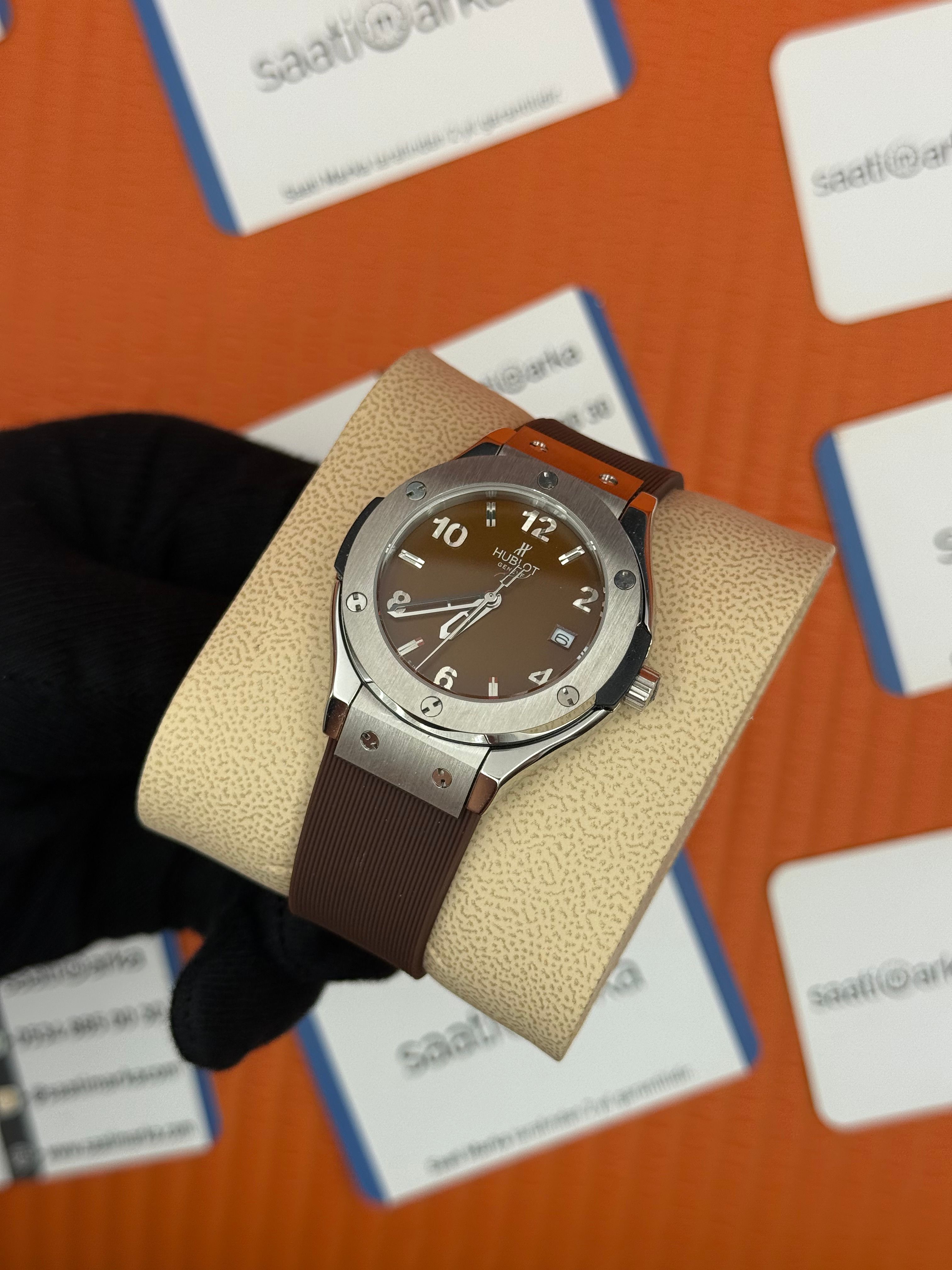 HUBLOT kahverengi kadran kahverengi kauçuk kordon silver kasa kadın kol saati