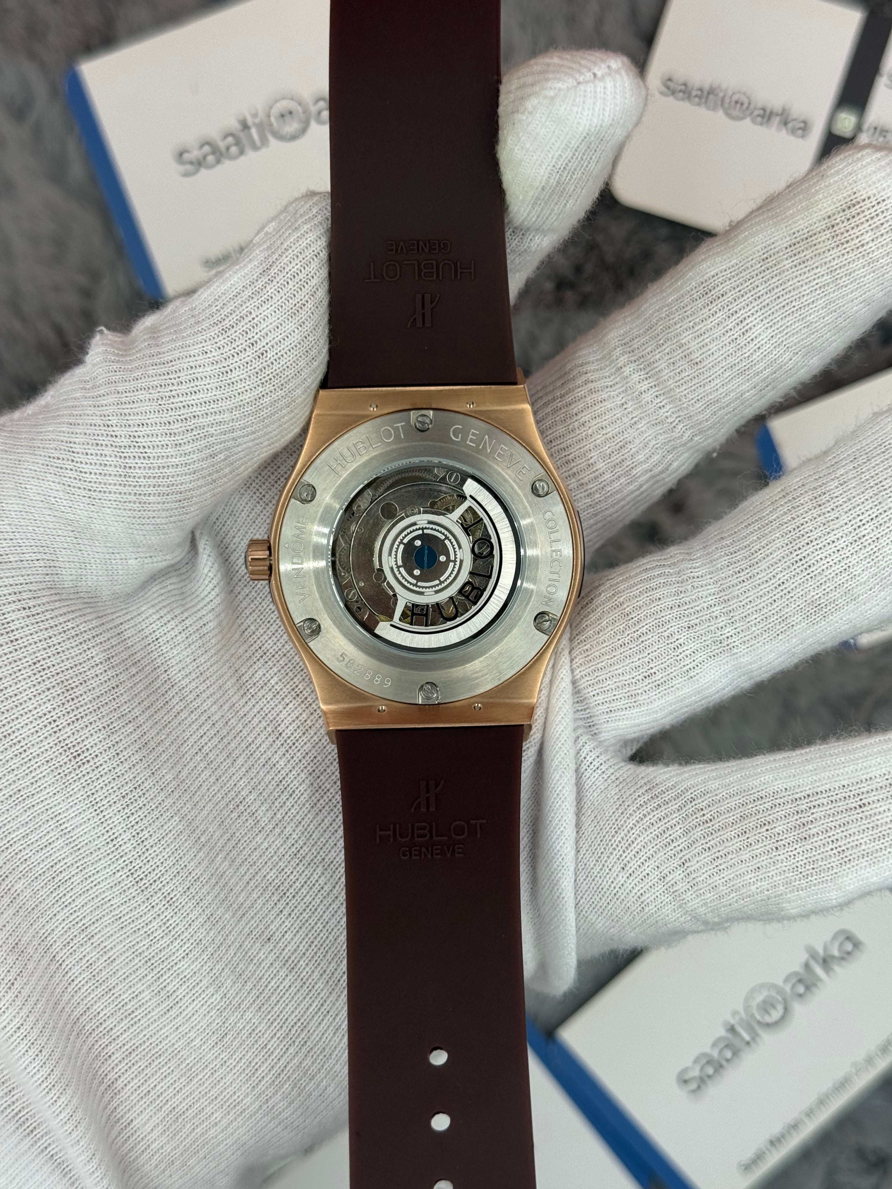HUBLOT vendome 41mm rose kasa kahverengi kadran kahverengi kauçuk kordon erkek kol saati