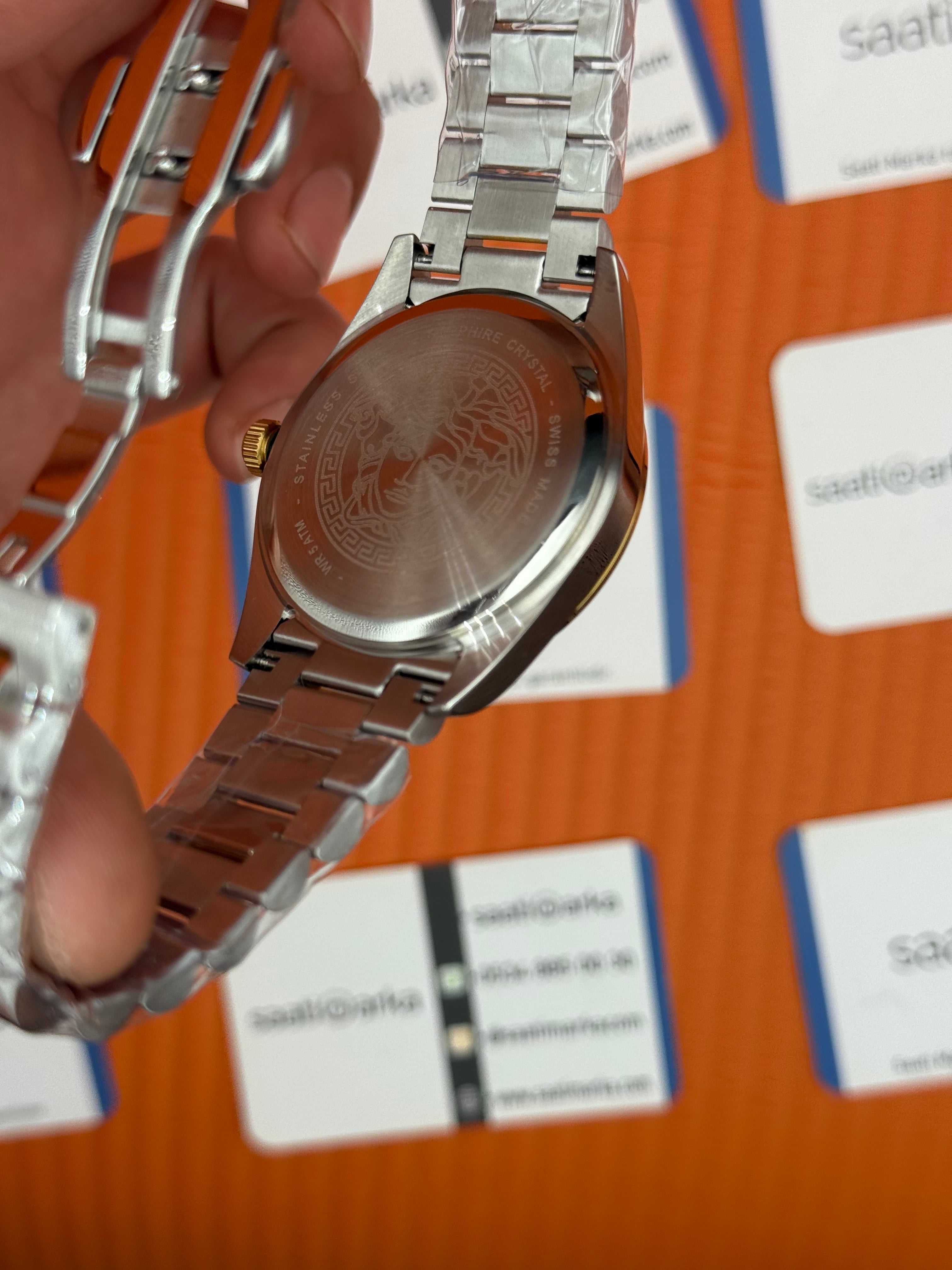 VERSACE 40mm lacivert kadran gold silver kasa kordon erkek kol saati