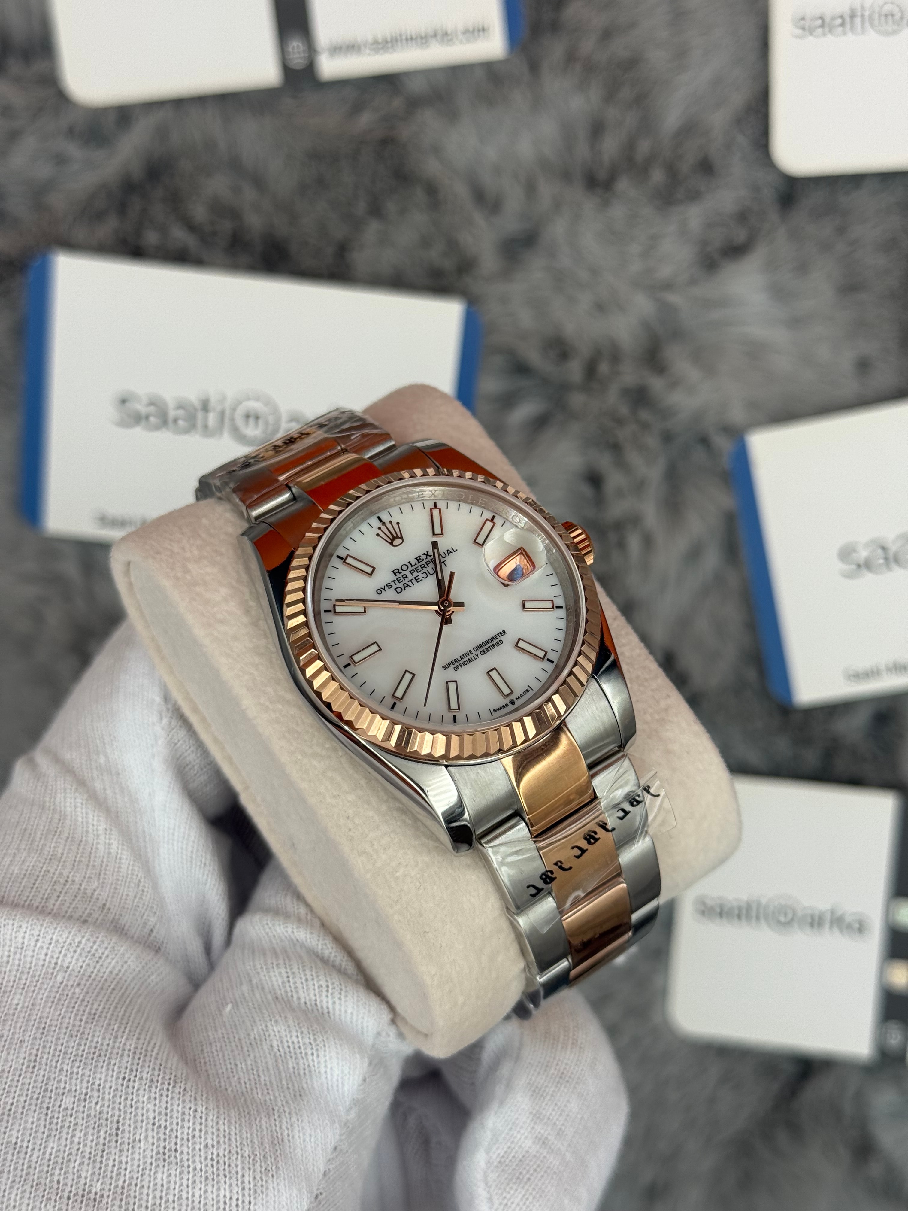 ROLEX Datejust 36mm beyaz kadran silver kasa rose silver oyster kordon 