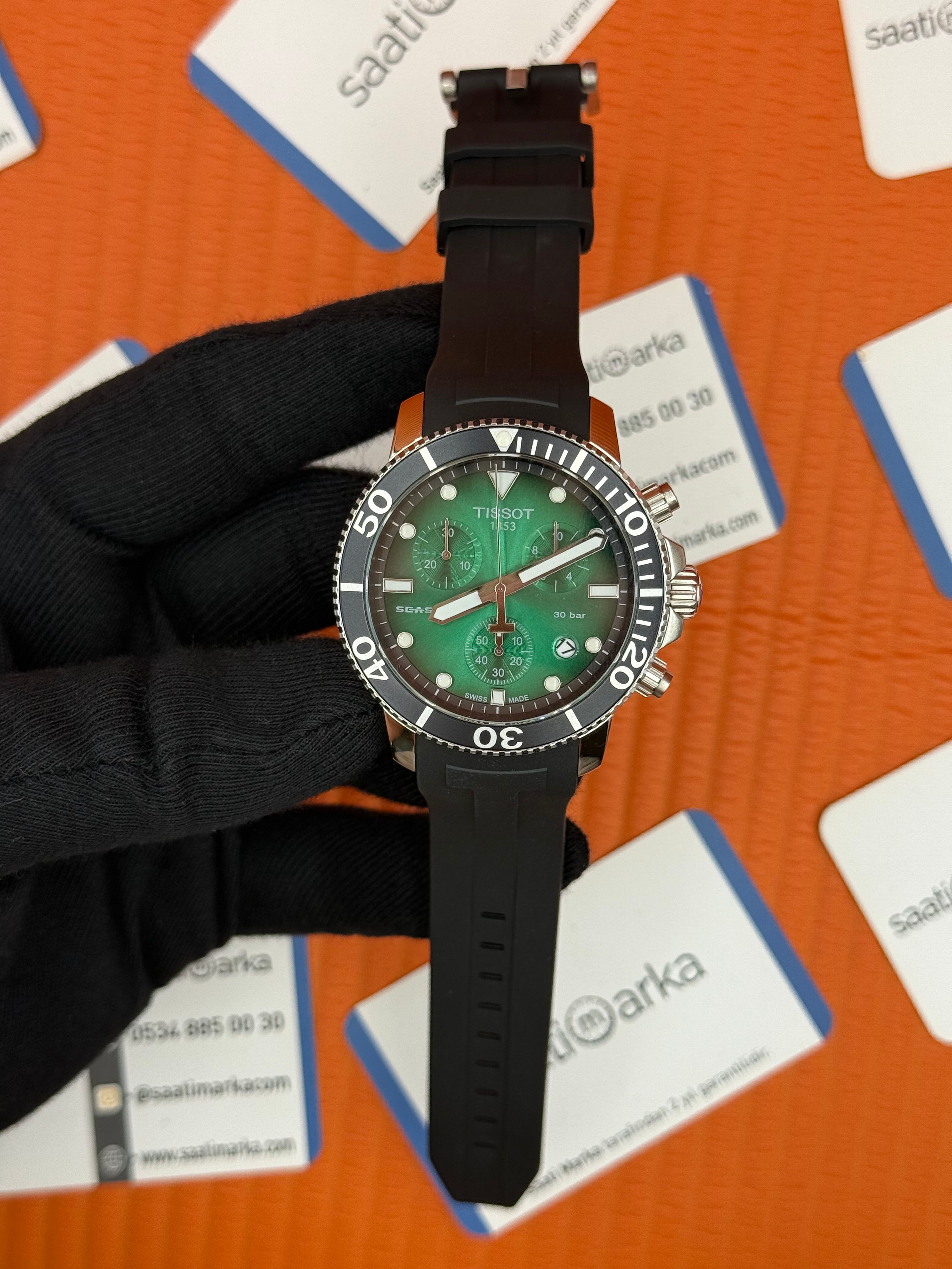 TISSOT siyah kauçuk kordon yeşil kadran silver kasa erkek kol saati 