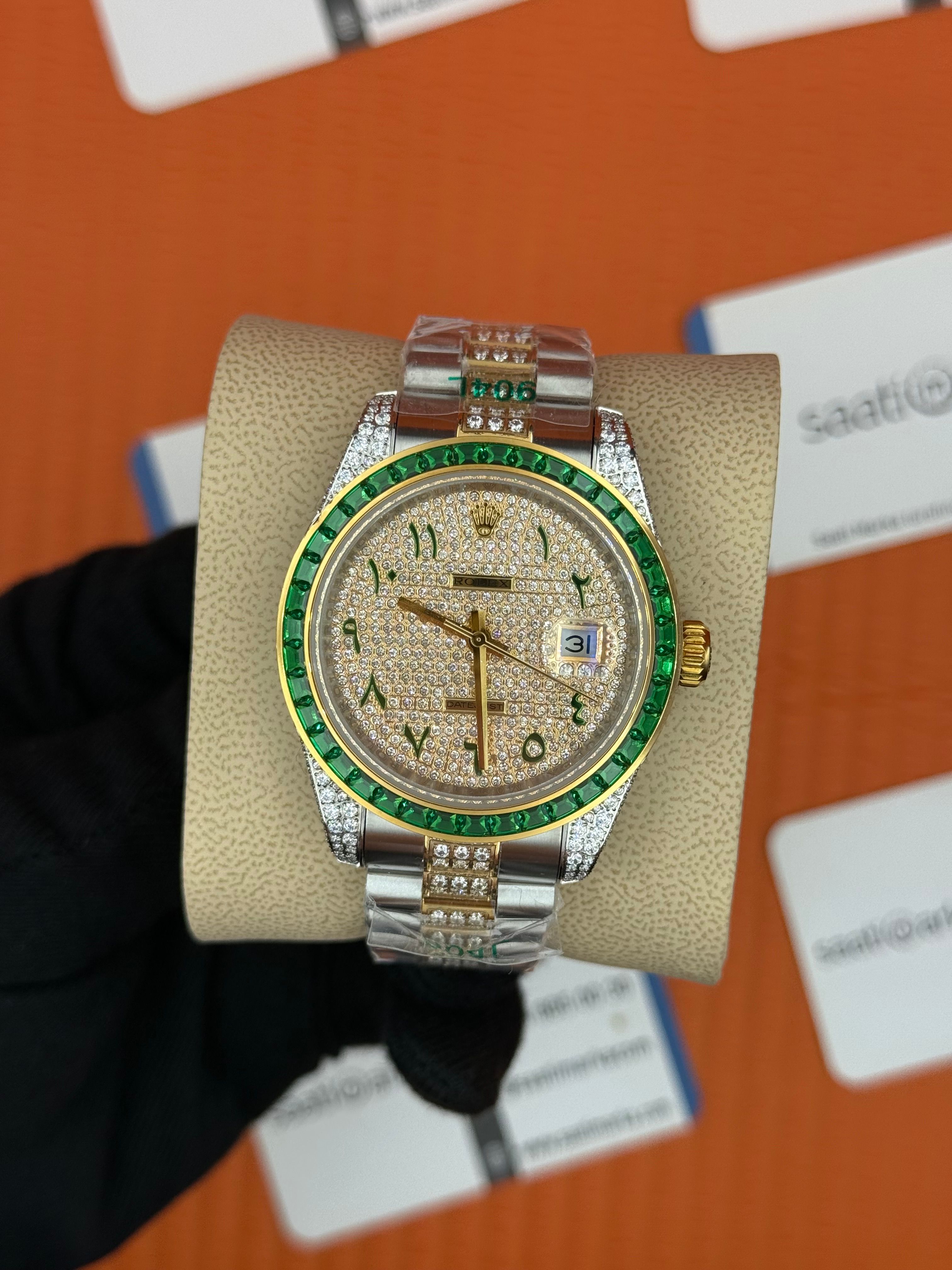 ROLEX Datejust arap rakamlı kadran taşlı kasa kordon gold silver