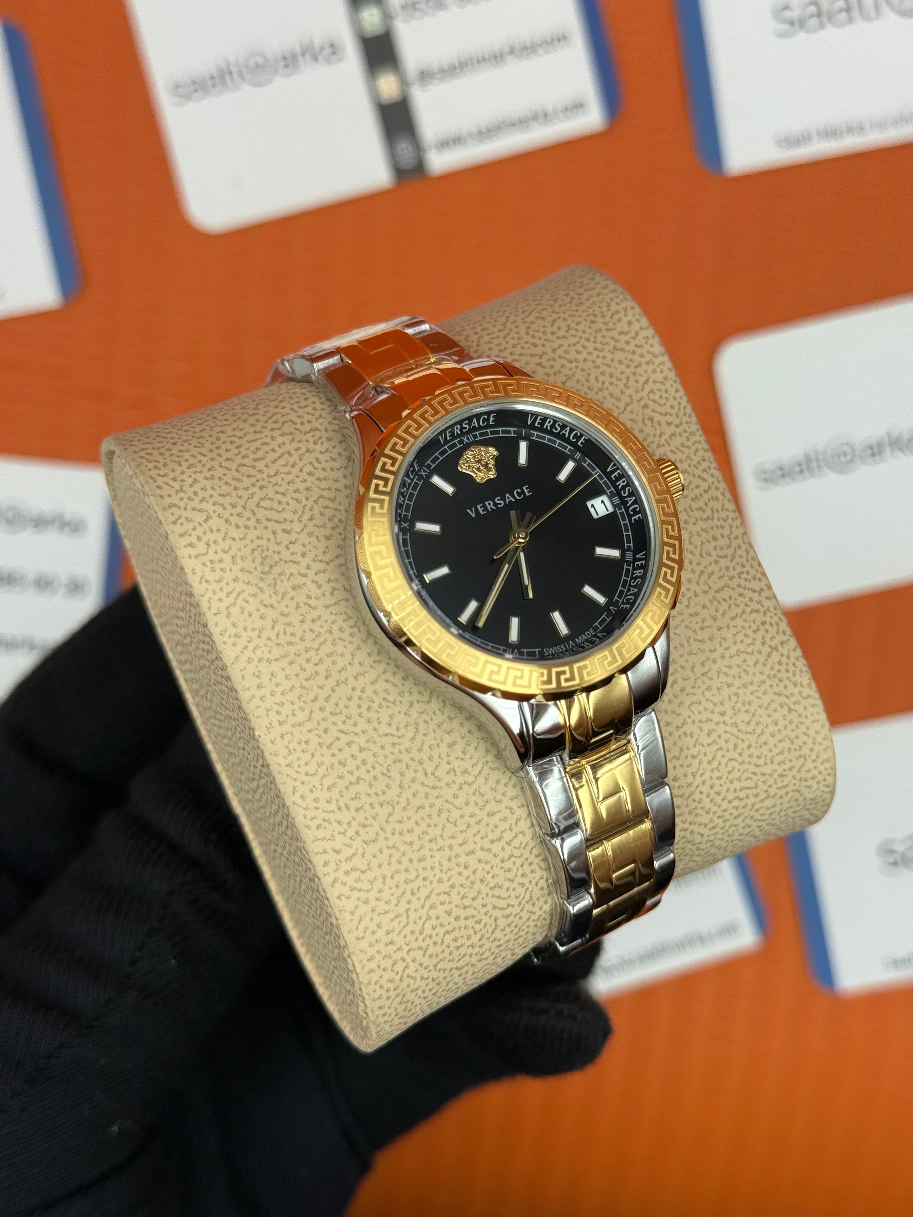 VERSACE siyah kadran gold silver kasa kordon kadın kol saati
