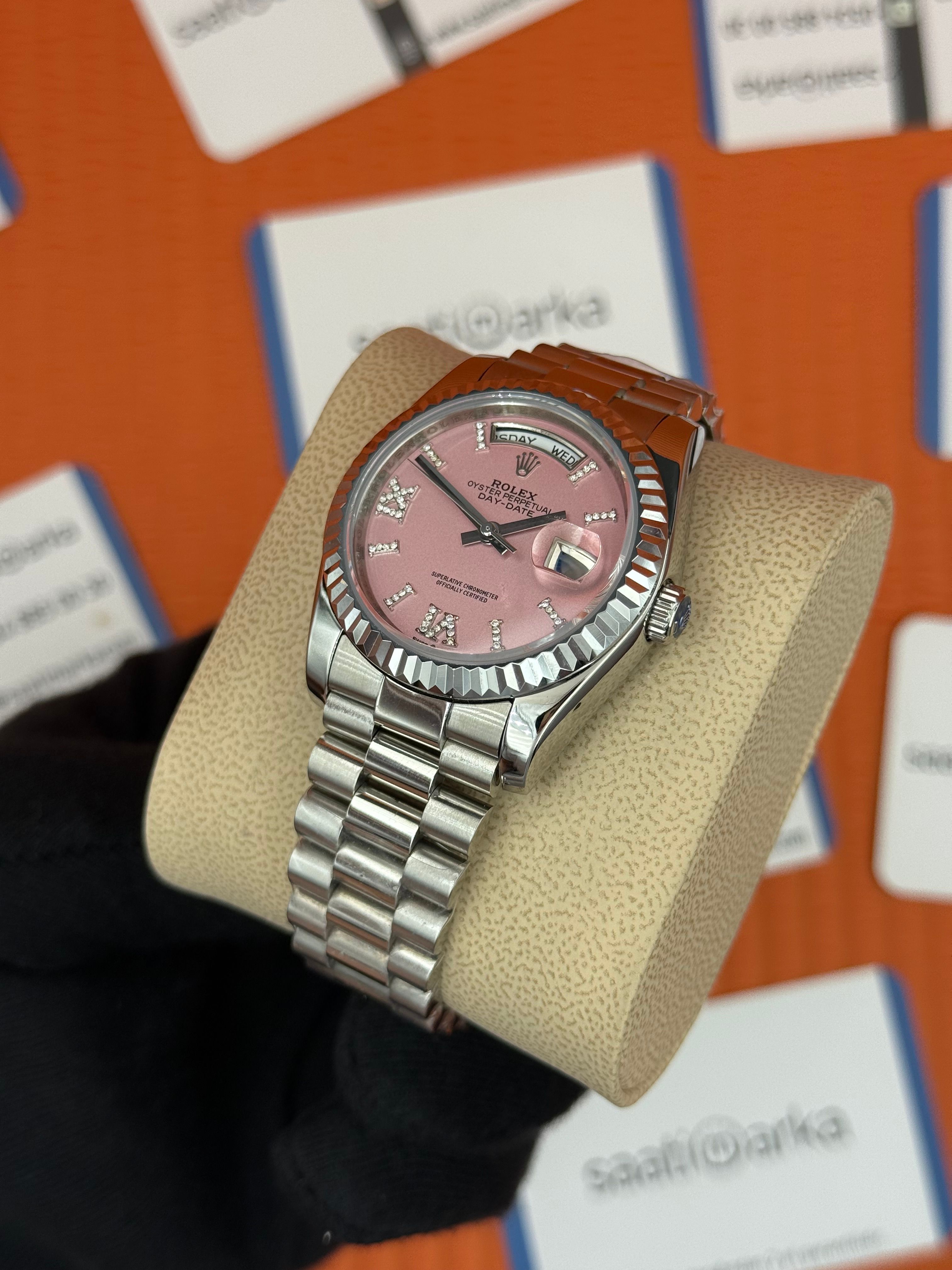 ROELX day date 36mm pembe roma rakamlı kadran silver kasa kordon president 