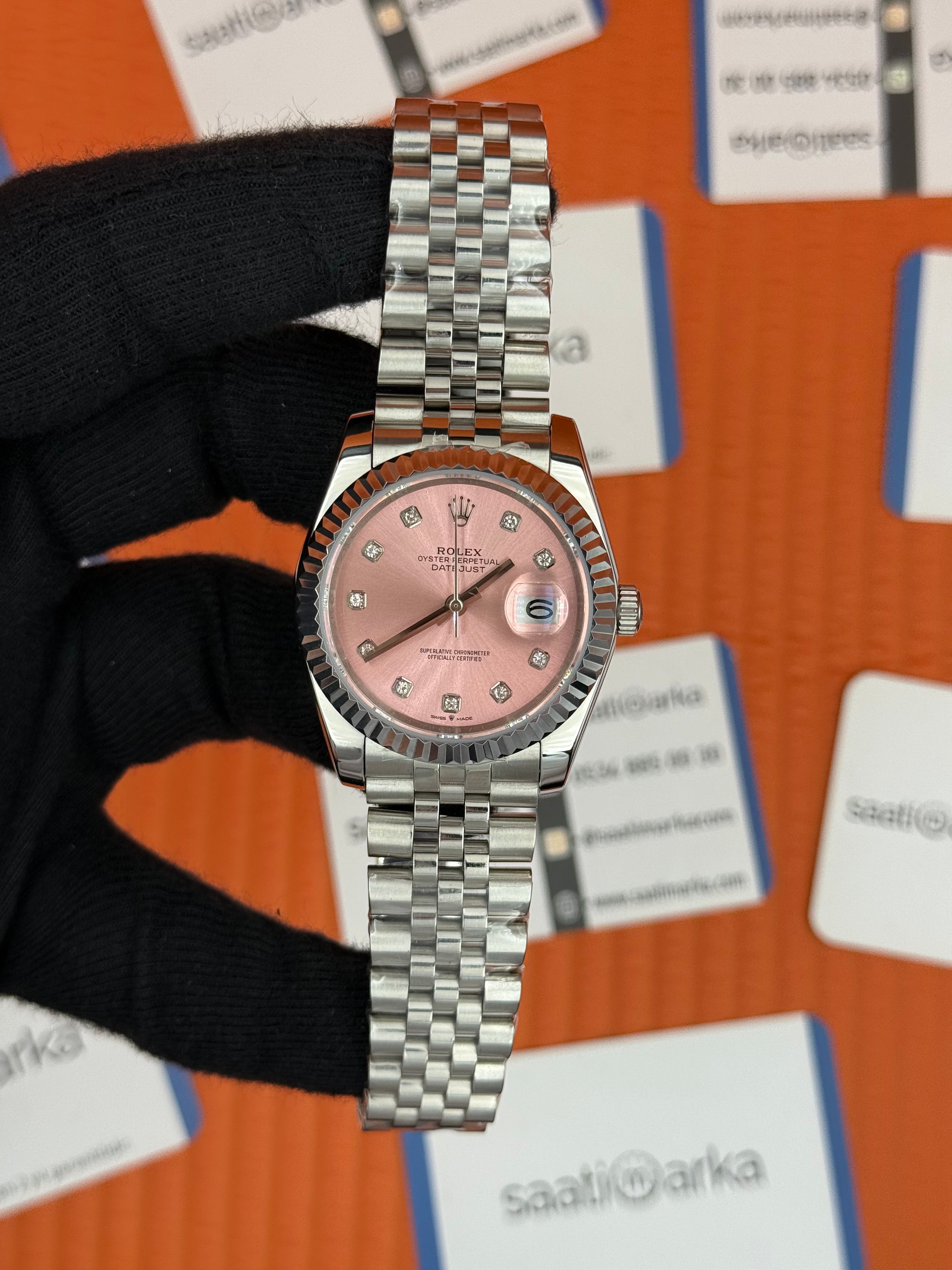 ROLEX datejust 36mm silver jubile kordon pembe baget taş kadran