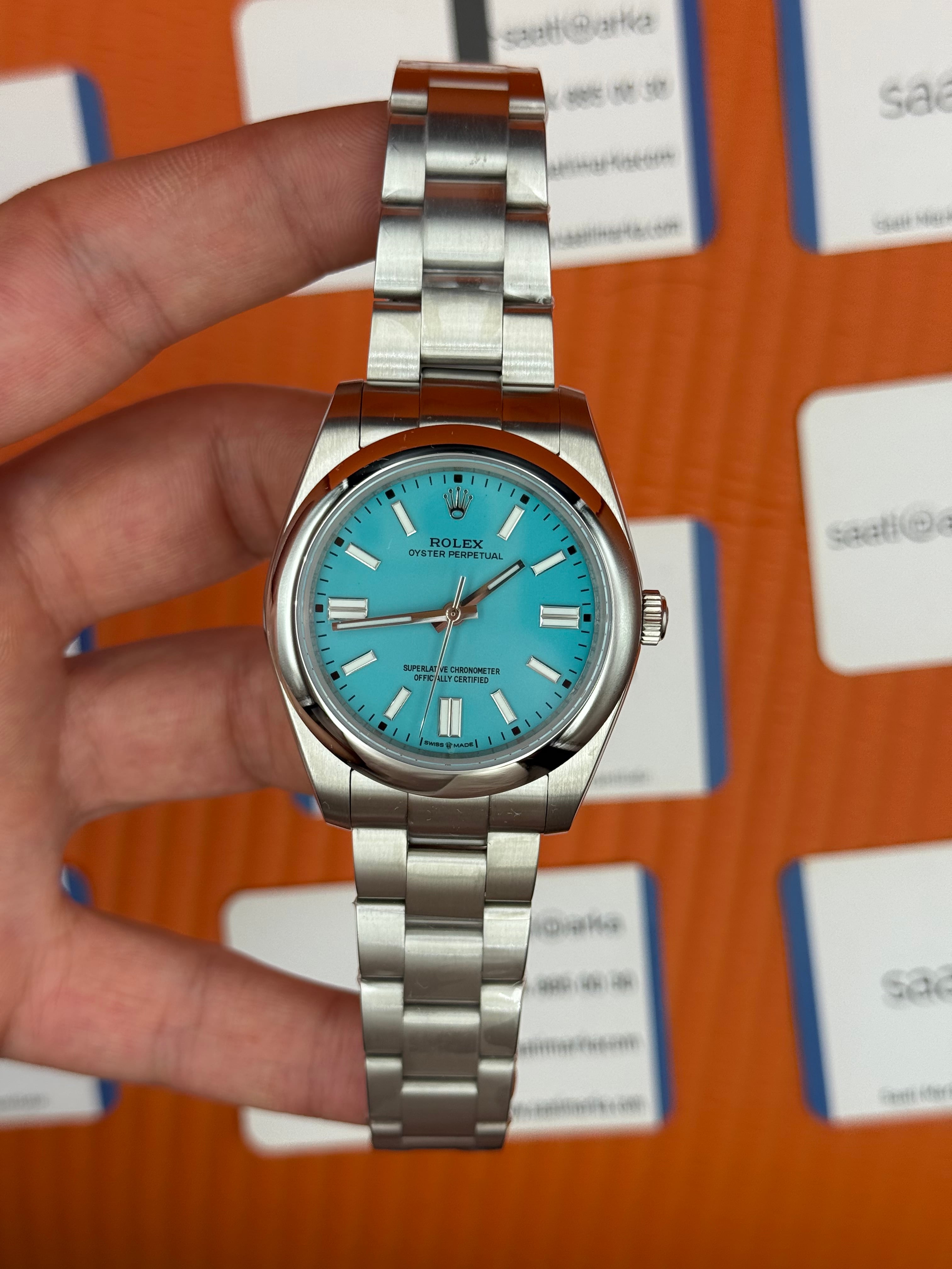 ROLEX oyster perpetual tiffany kadran silver kasa kordon erkek kol saati