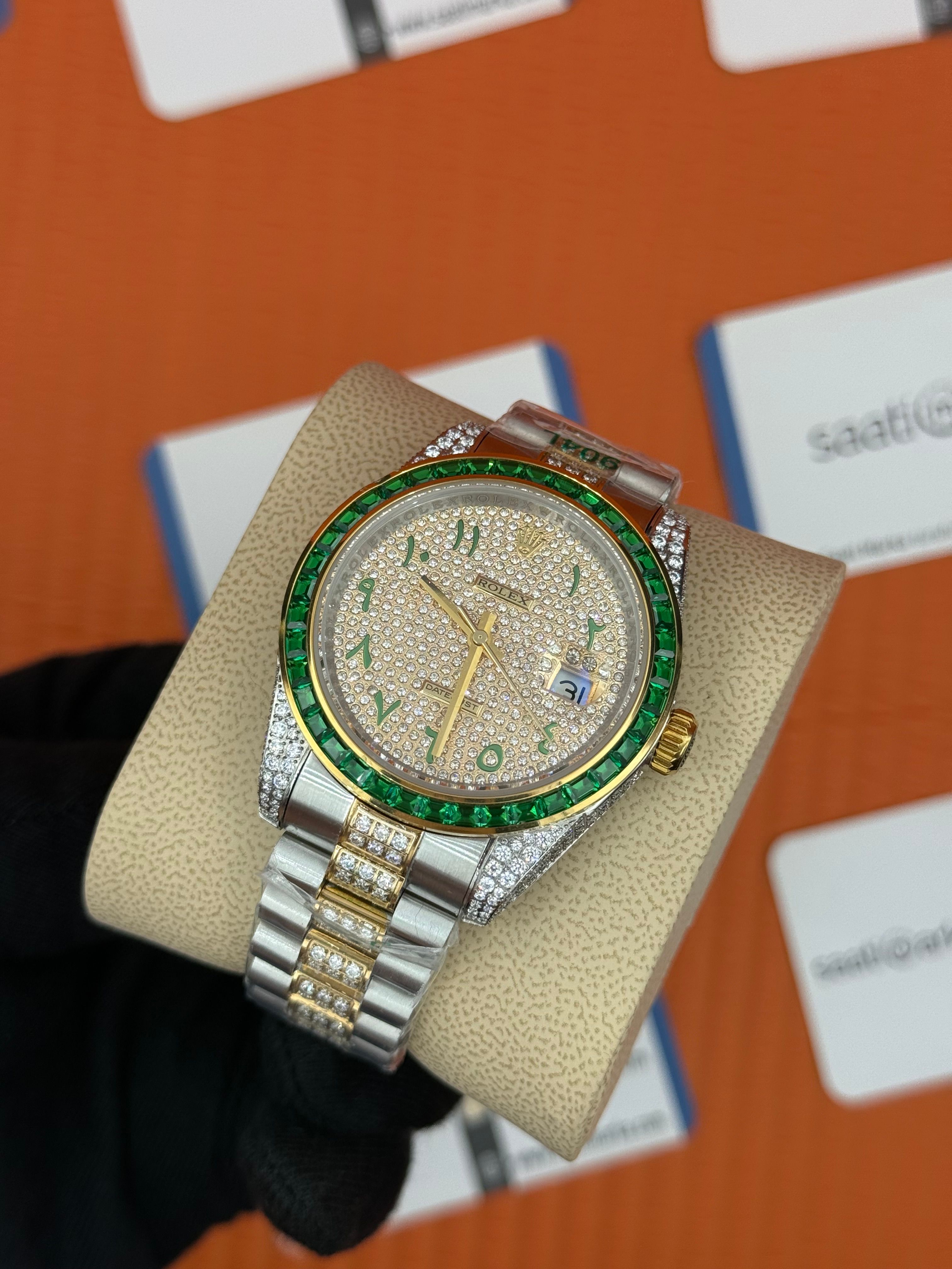 ROLEX Datejust arap rakamlı kadran taşlı kasa kordon gold silver