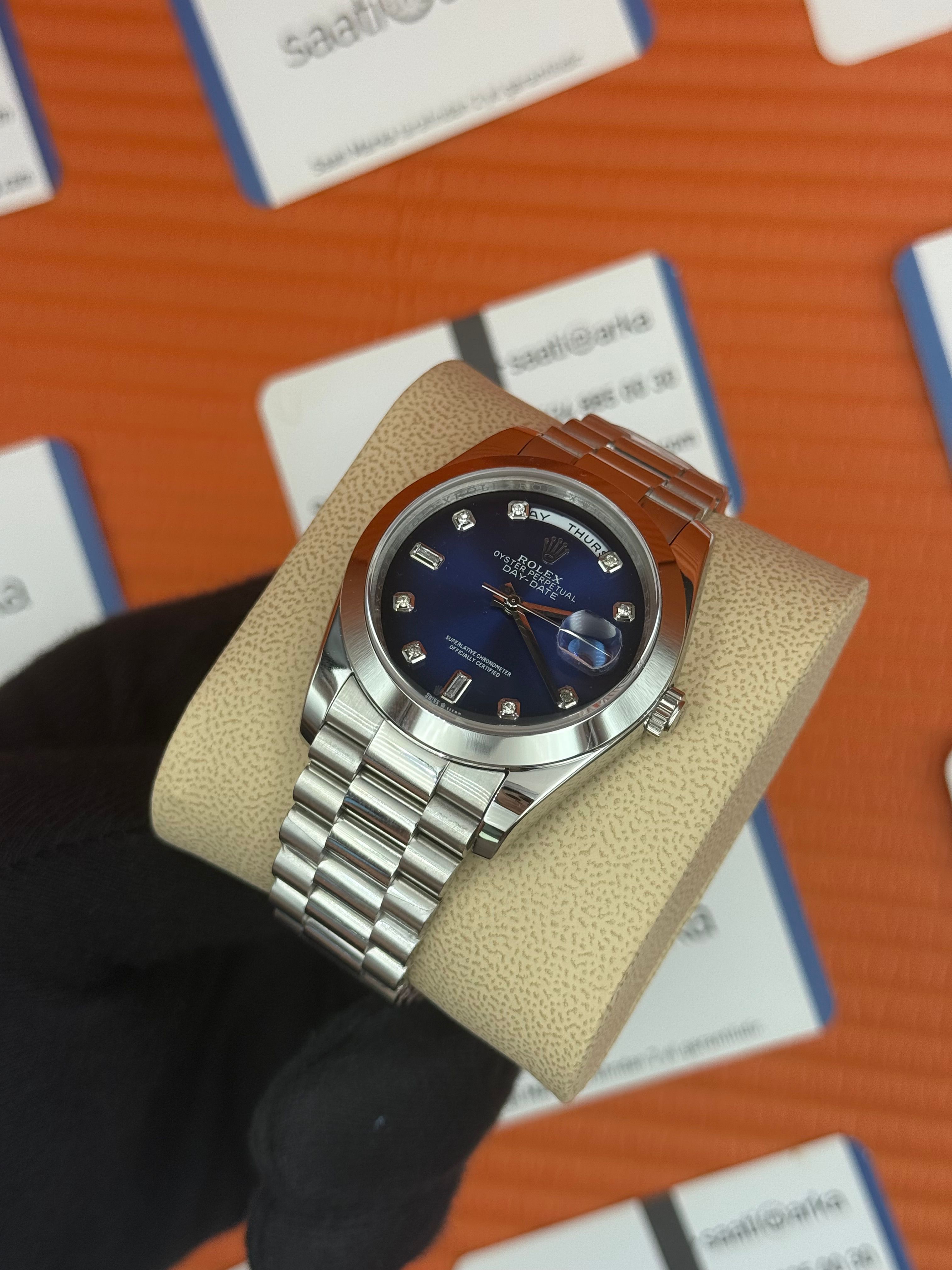 ROLEX Day Date baget taşlı mavi siyah kadran silver president kordon