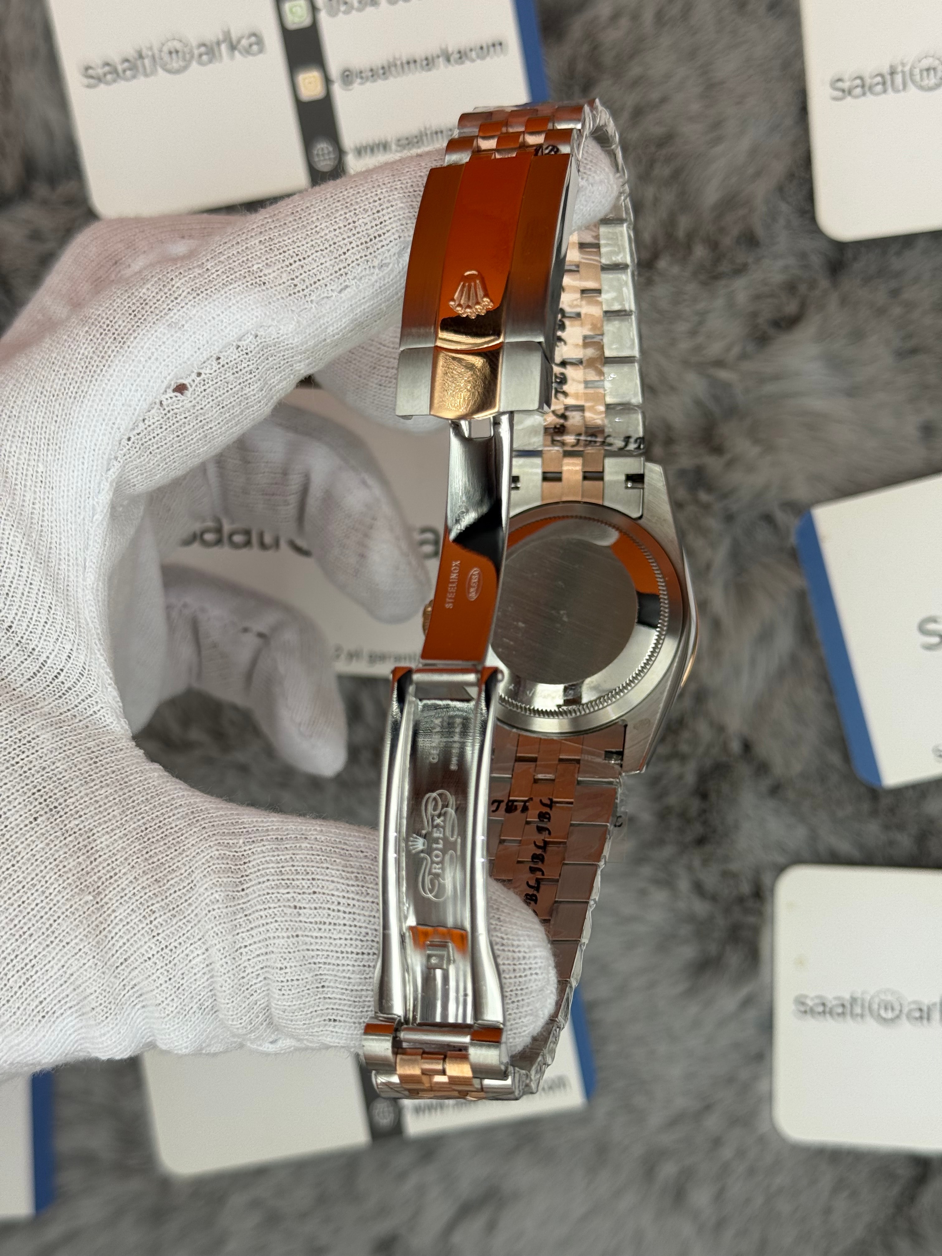 ROLEX datejust 36mm beyaz kadran taşlı bezel silver kasa rose silver jubilee kordon