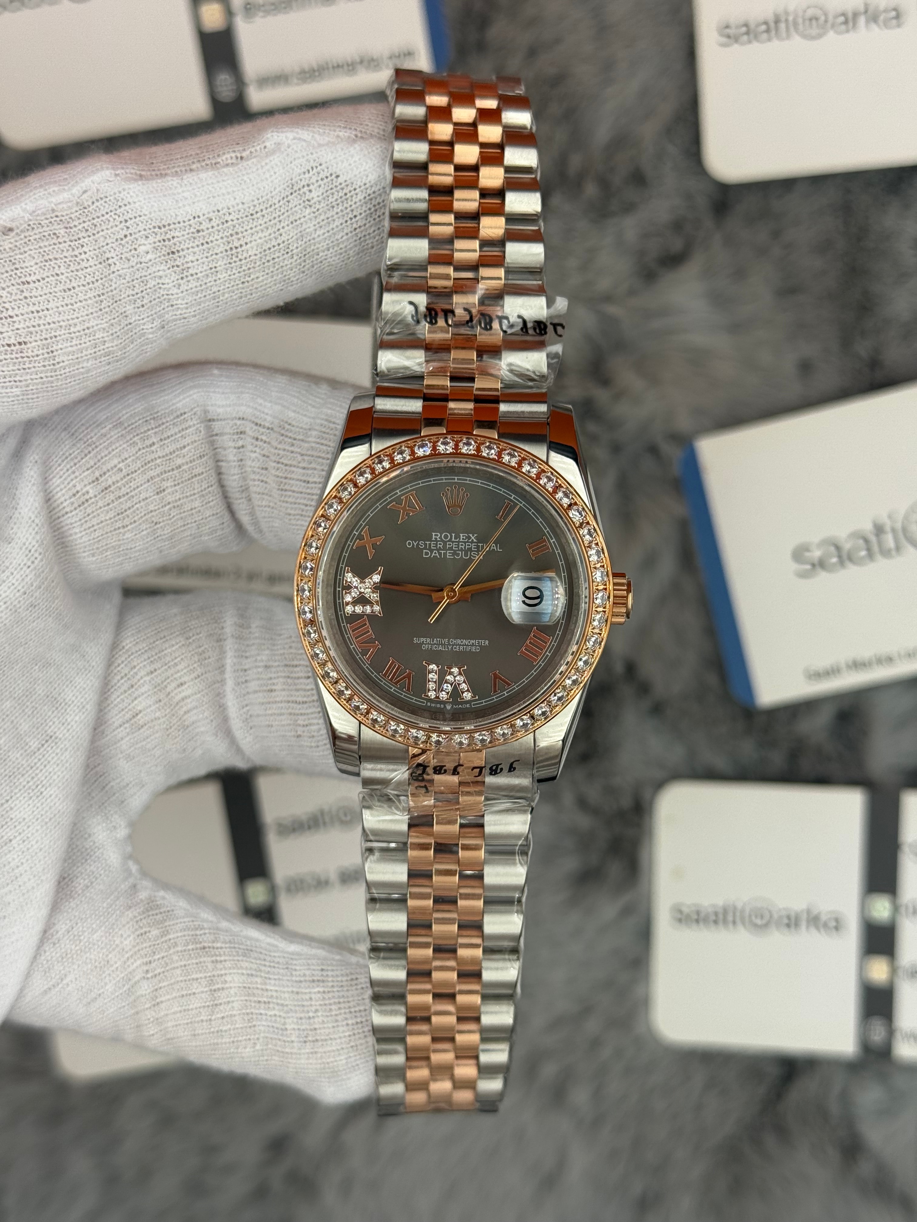 ROLEX Datejust 35mm gri kadran taşlı bezel silver kasa rose silver jubilee kordon
