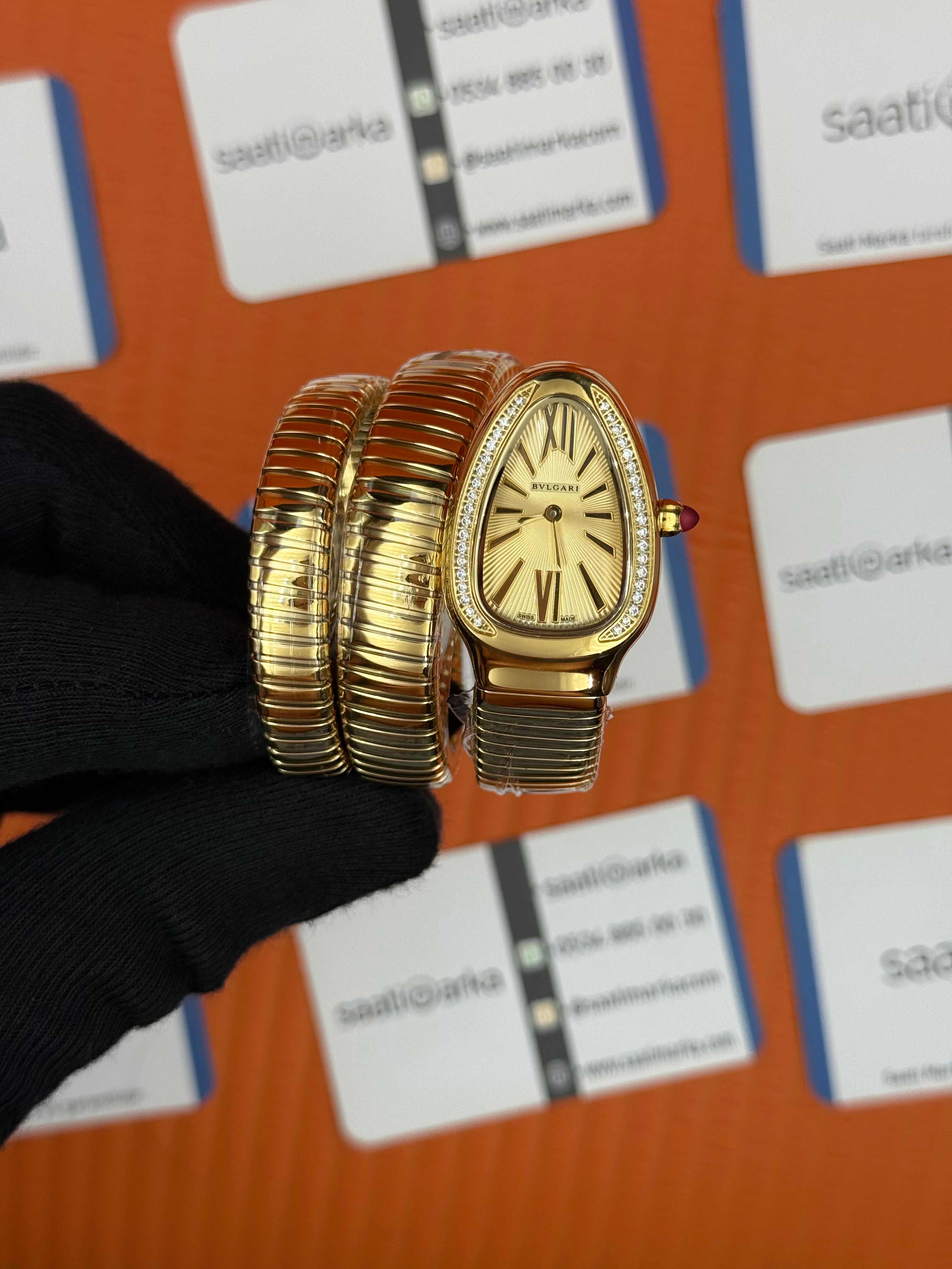 BVLGARİ serpenti çift sarma gold kordon taşlı bezel şampanya kadran kadın kol saati