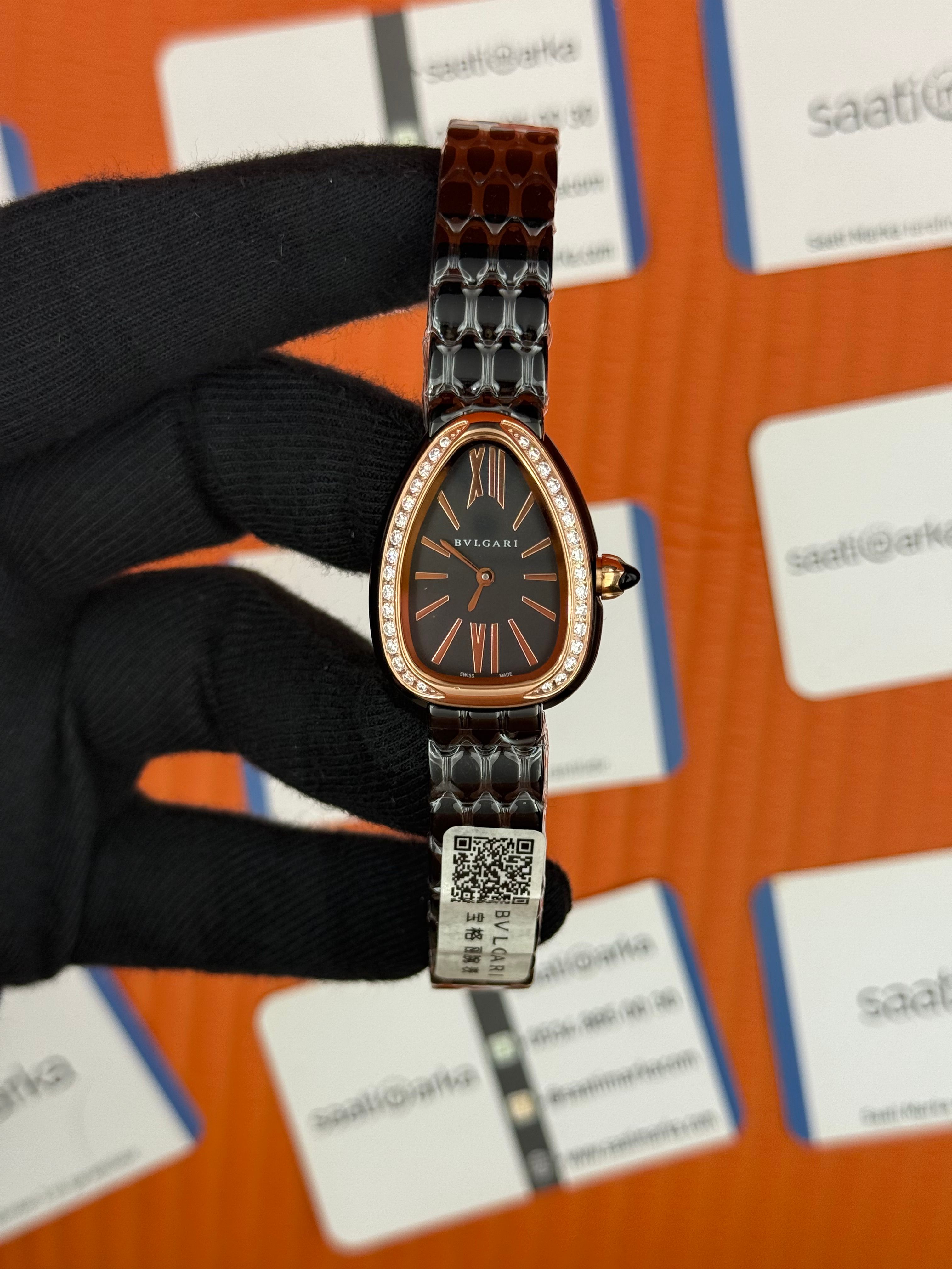 BVLGARİ serpenti seduttori taşlı bezel siyah kadran siyah kasa kordon kadın kol saati
