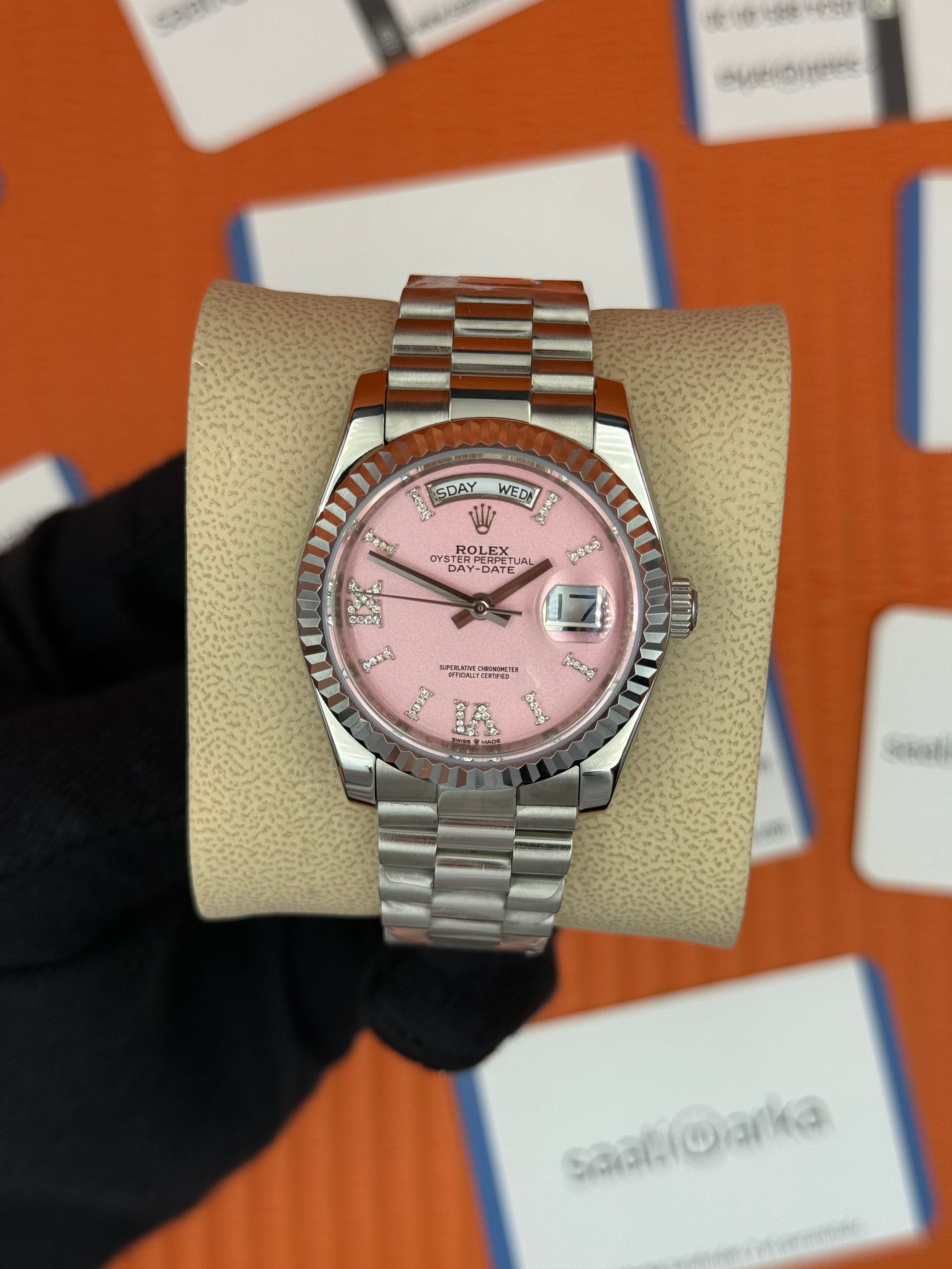 ROELX day date 36mm pembe roma rakamlı kadran silver kasa kordon president 
