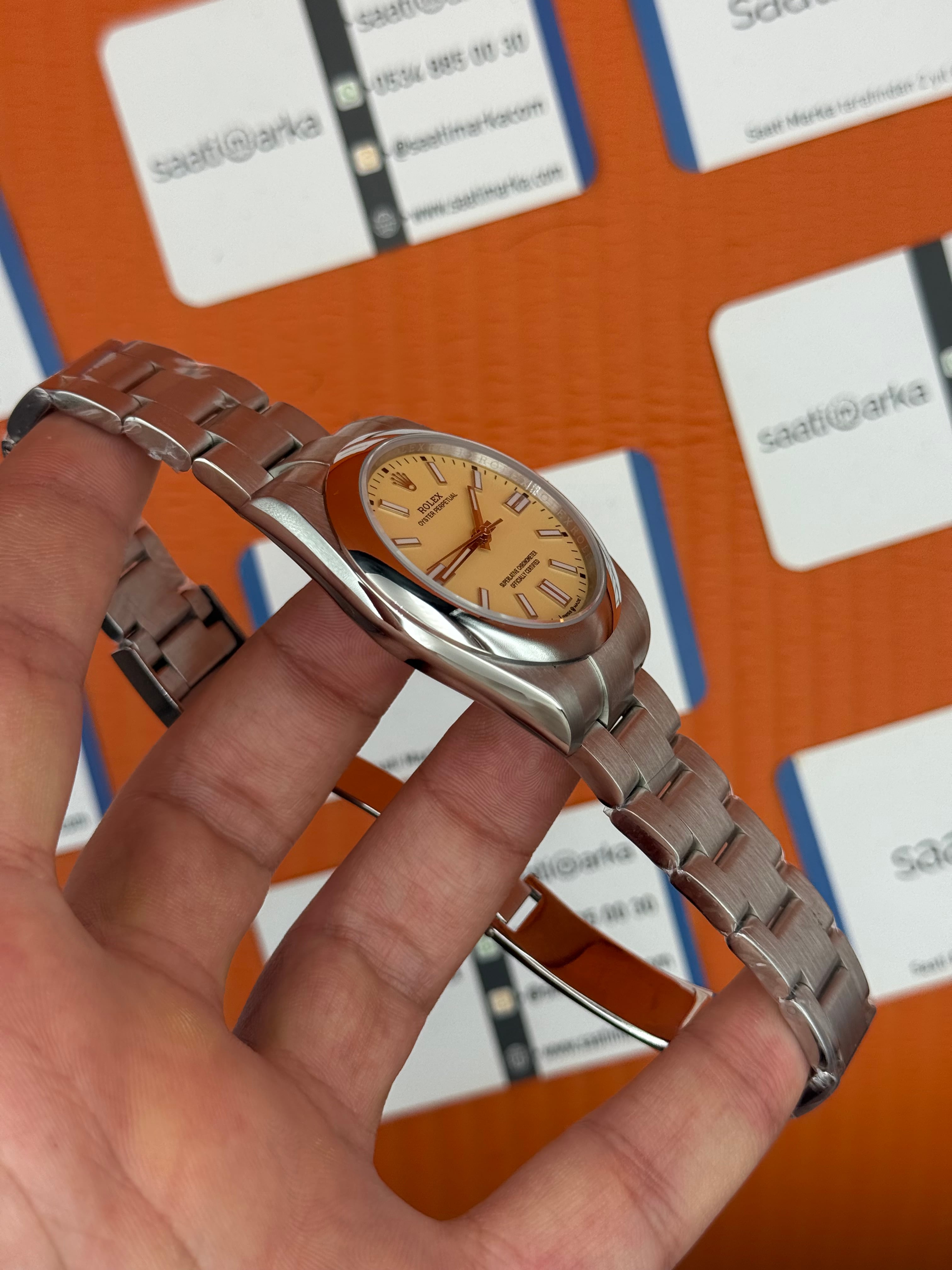 ROLEX oyster perpetual bej kadran silver kasa kordon erkek kol saati