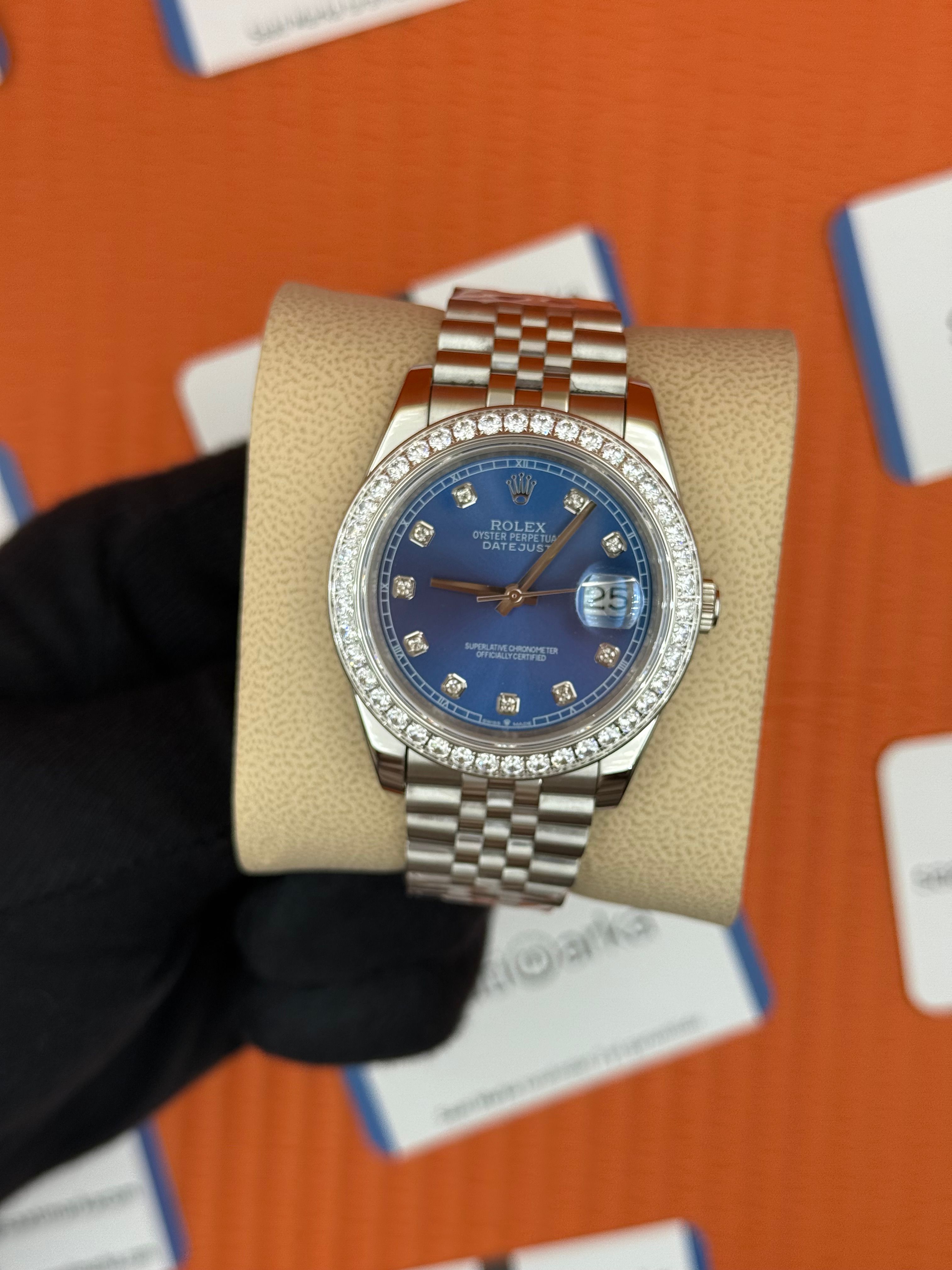 ROLEX  Datejust taşlı bezel baget taşlı blue dial silver jublee kordon