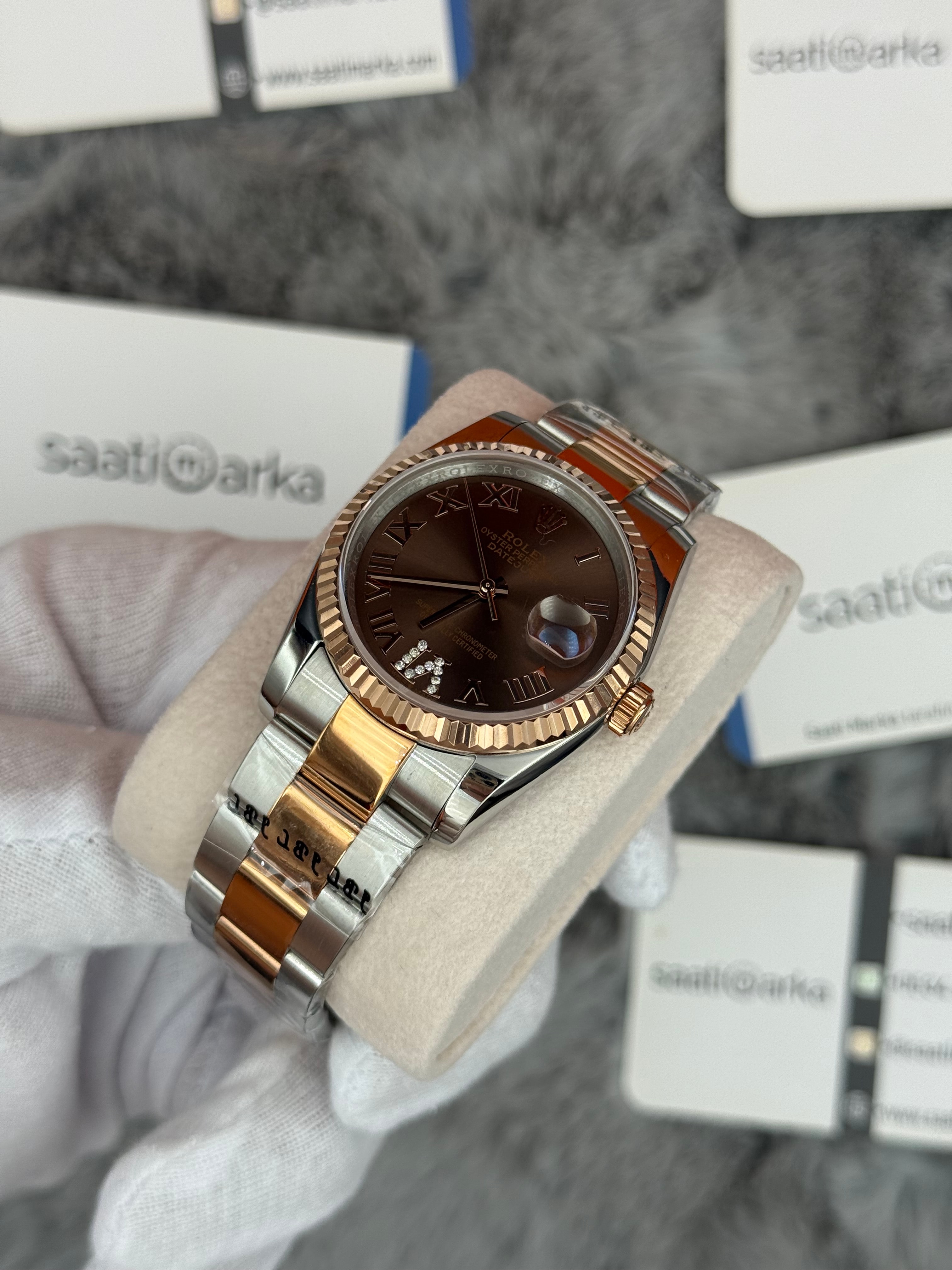 ROLEX datejust 36mm kahverengi kadran silver kasa rose silver oyster kordon 