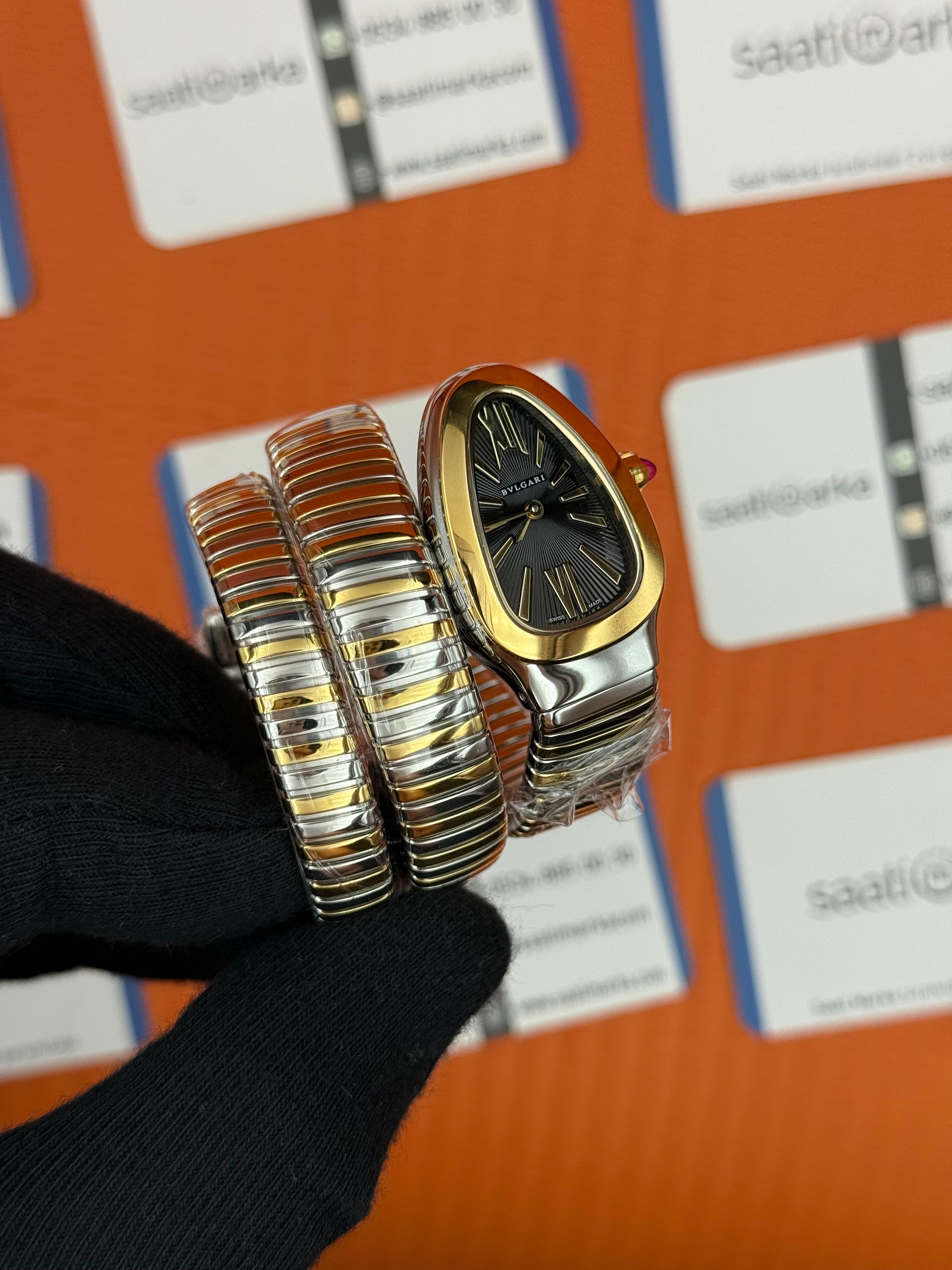 BVLGARİ serpenti çift sarma gold silver kordon siyah kadran kadın kol saati