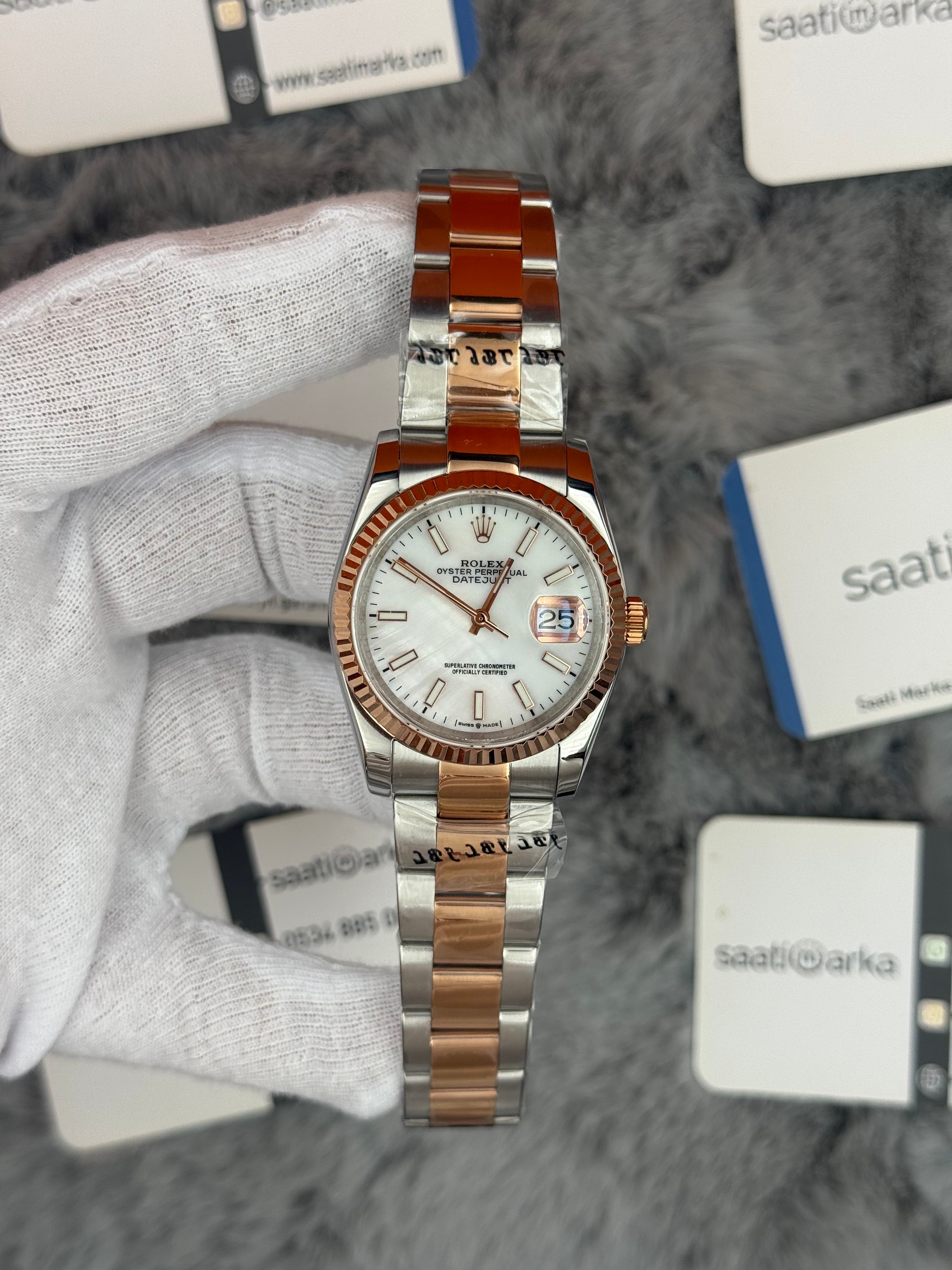 ROLEX Datejust 36mm beyaz kadran silver kasa rose silver oyster kordon 