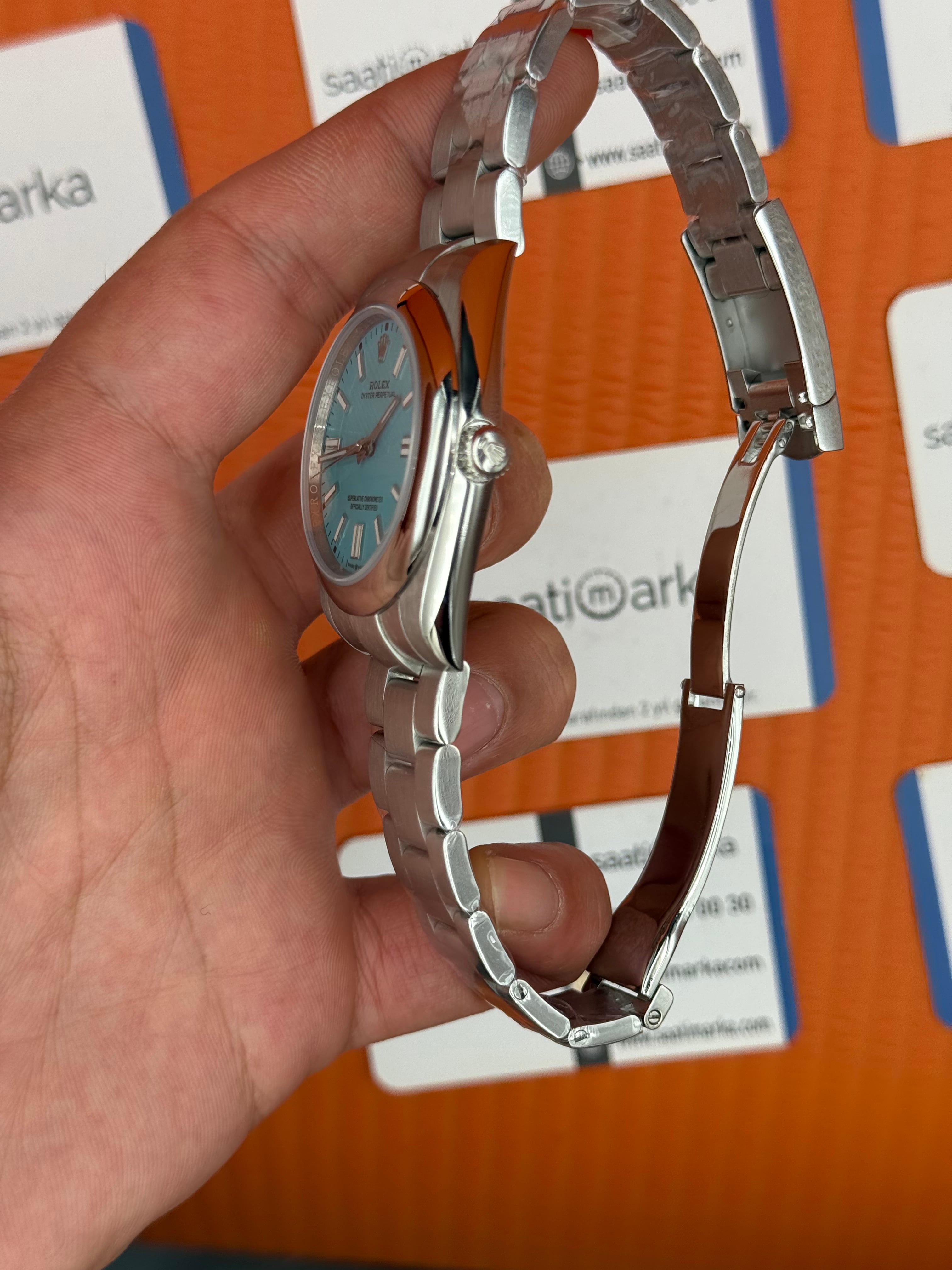 ROLEX oyster perpetual tiffany kadran silver kasa kordon erkek kol saati