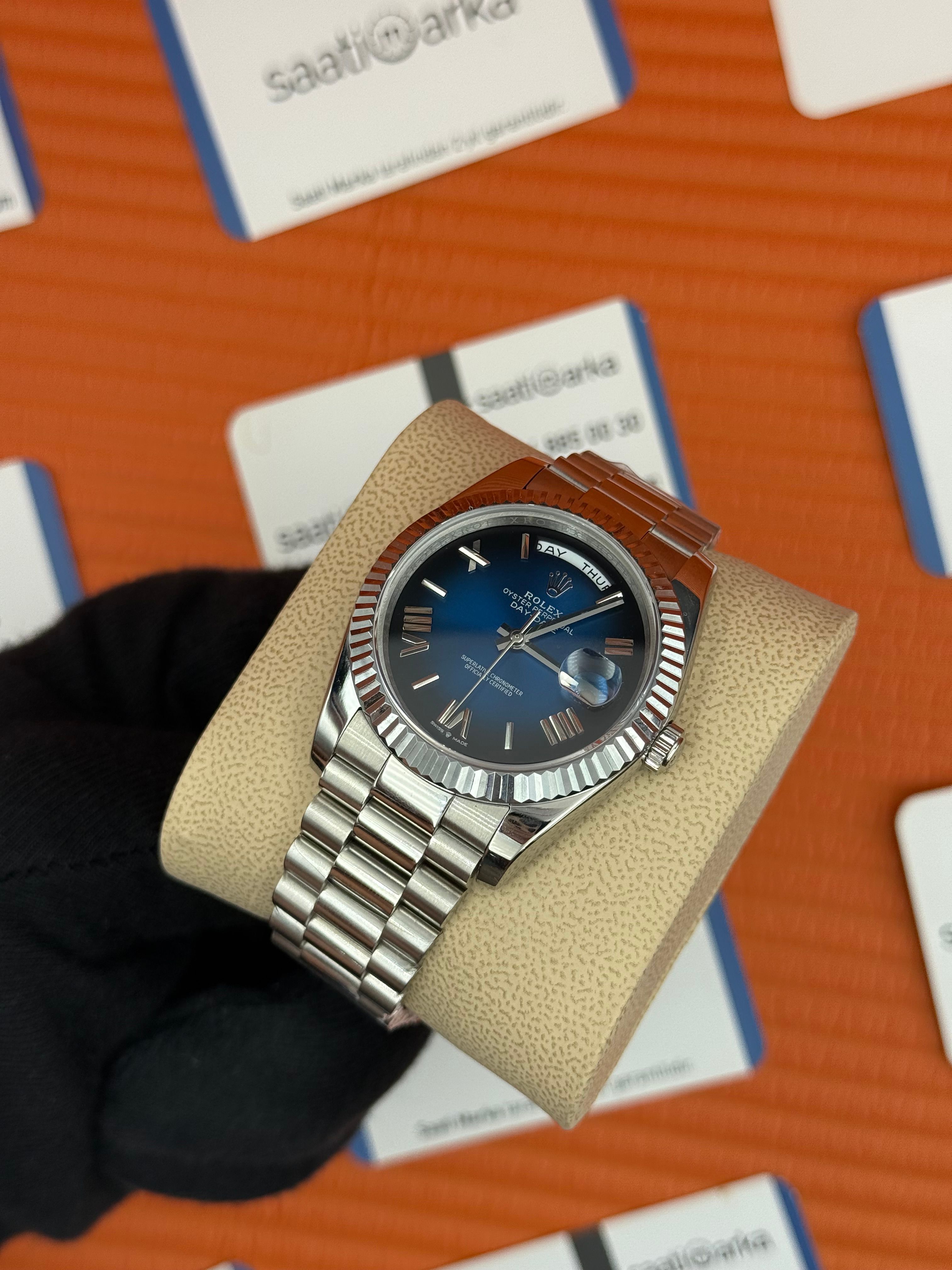ROLEX Day Date roma rakamlı mavi siyah kadran silver president kordon