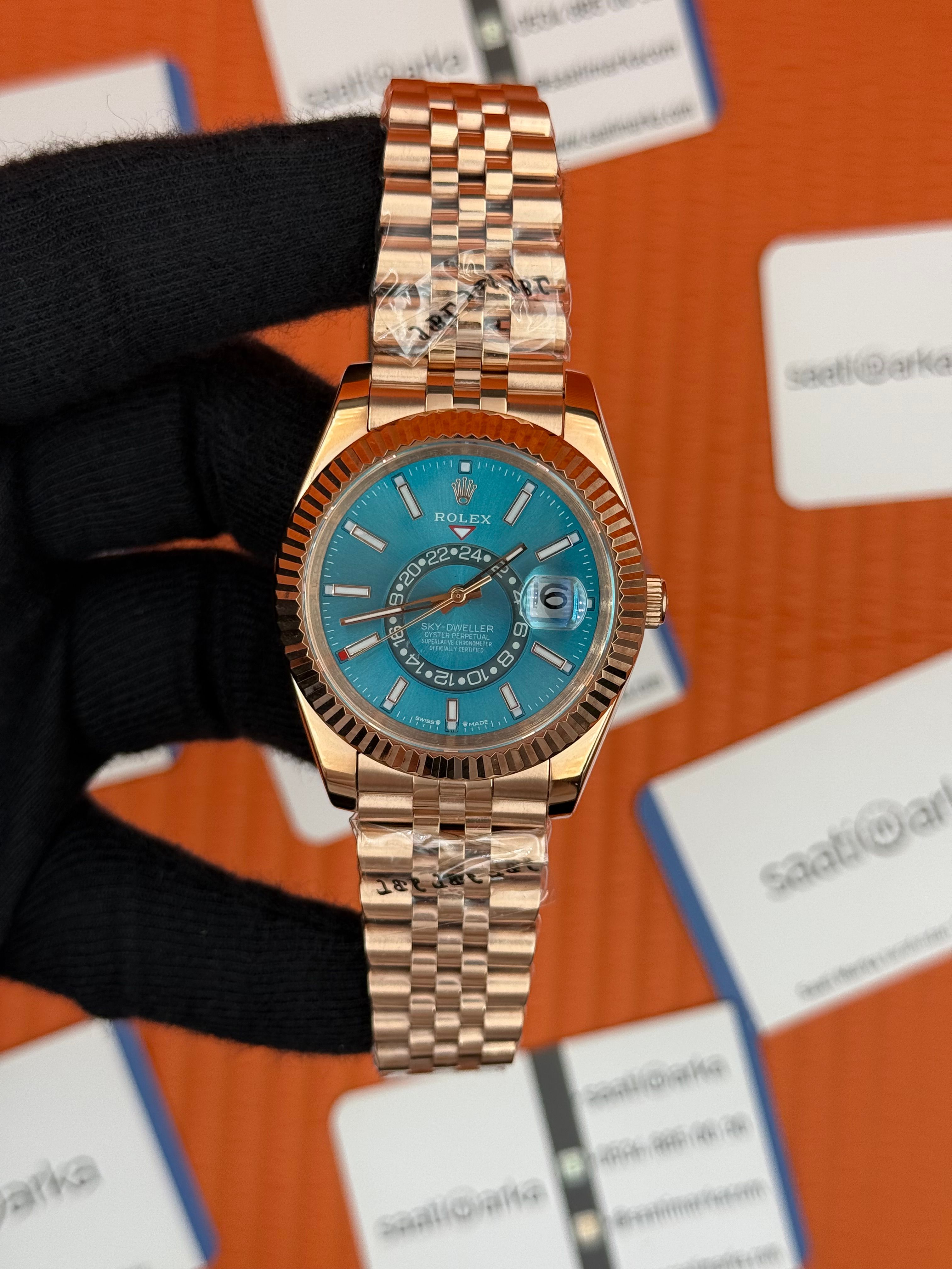 ROLEX Sky Dweller blue green dial jubilee kordon rose kasa-kordon