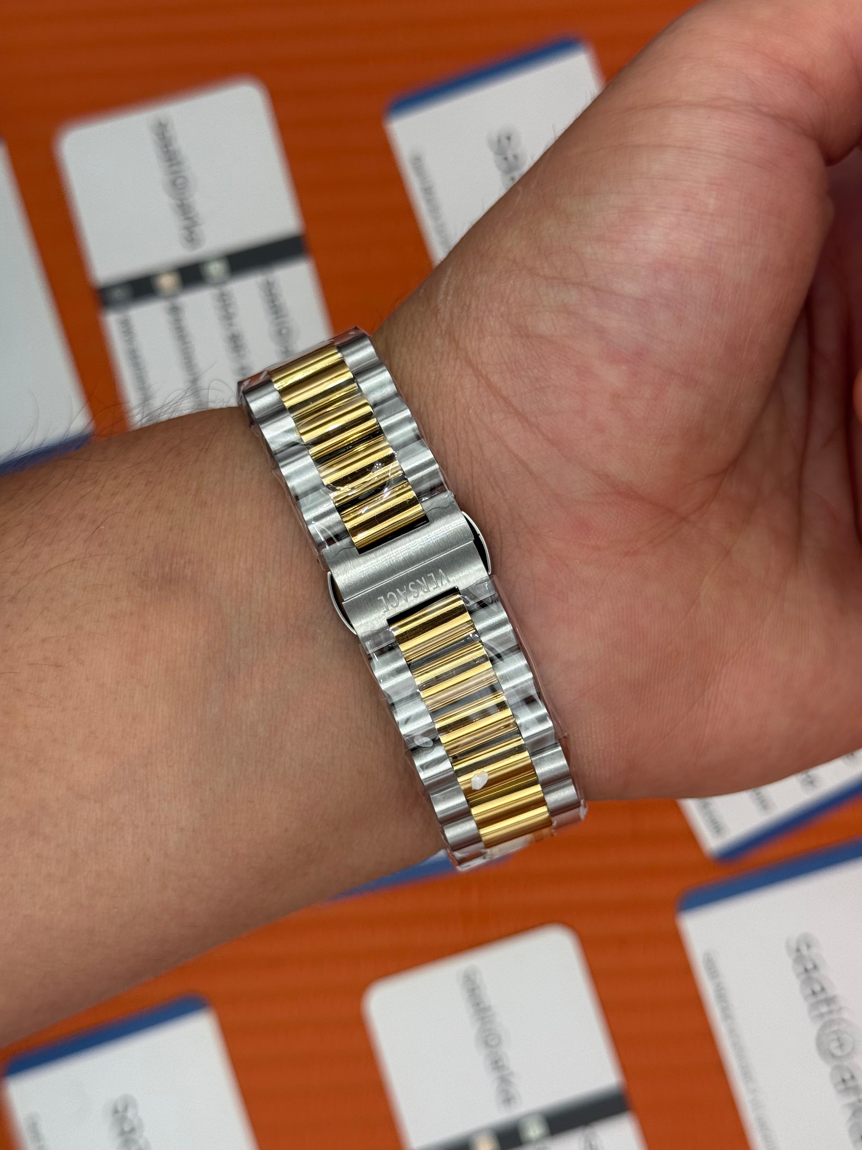 VERSACE 40mm lacivert kadran gold silver kasa kordon erkek kol saati