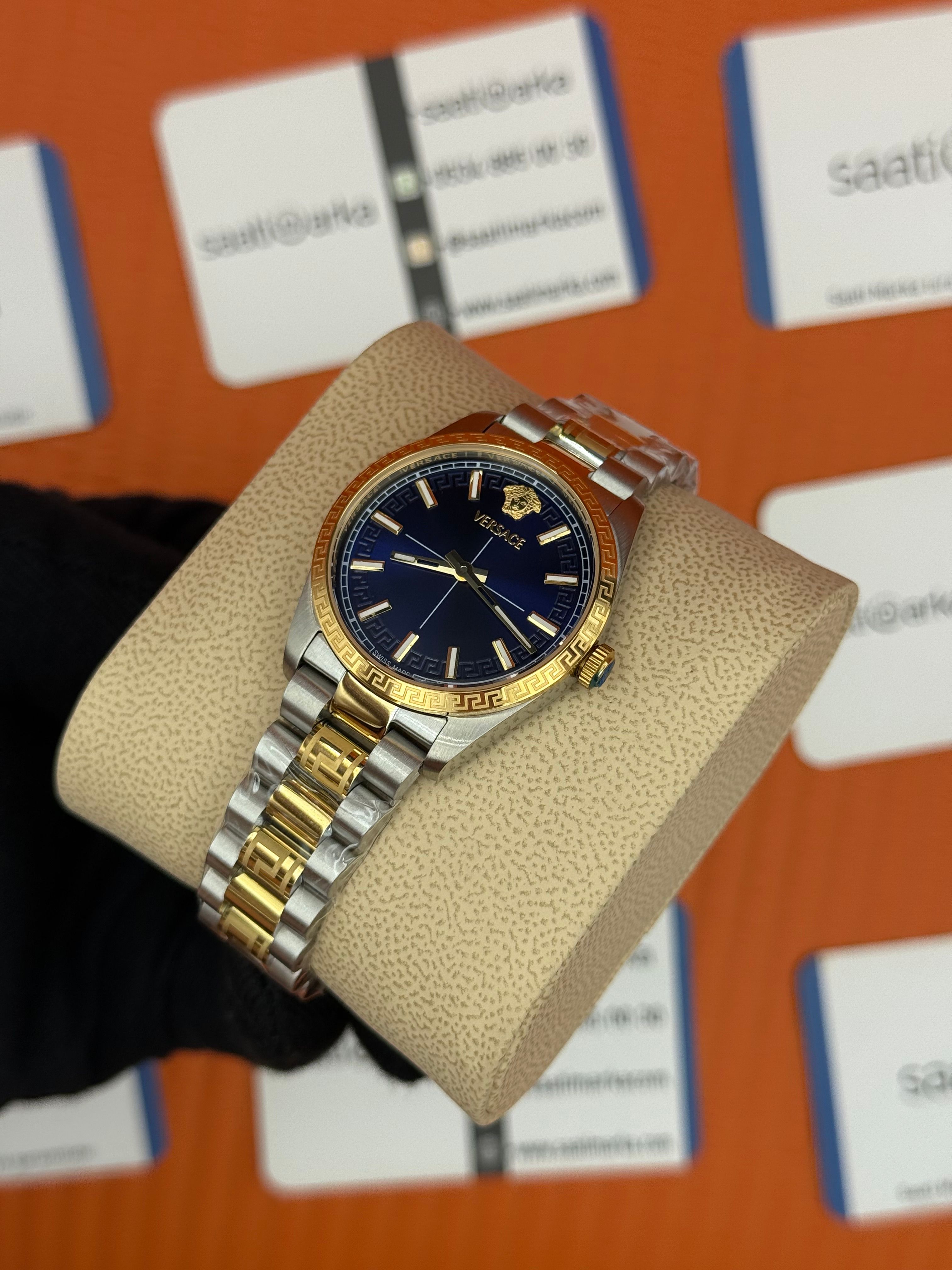 VERSACE mavi kadran gold silver kasa kordon kadın kol saati
