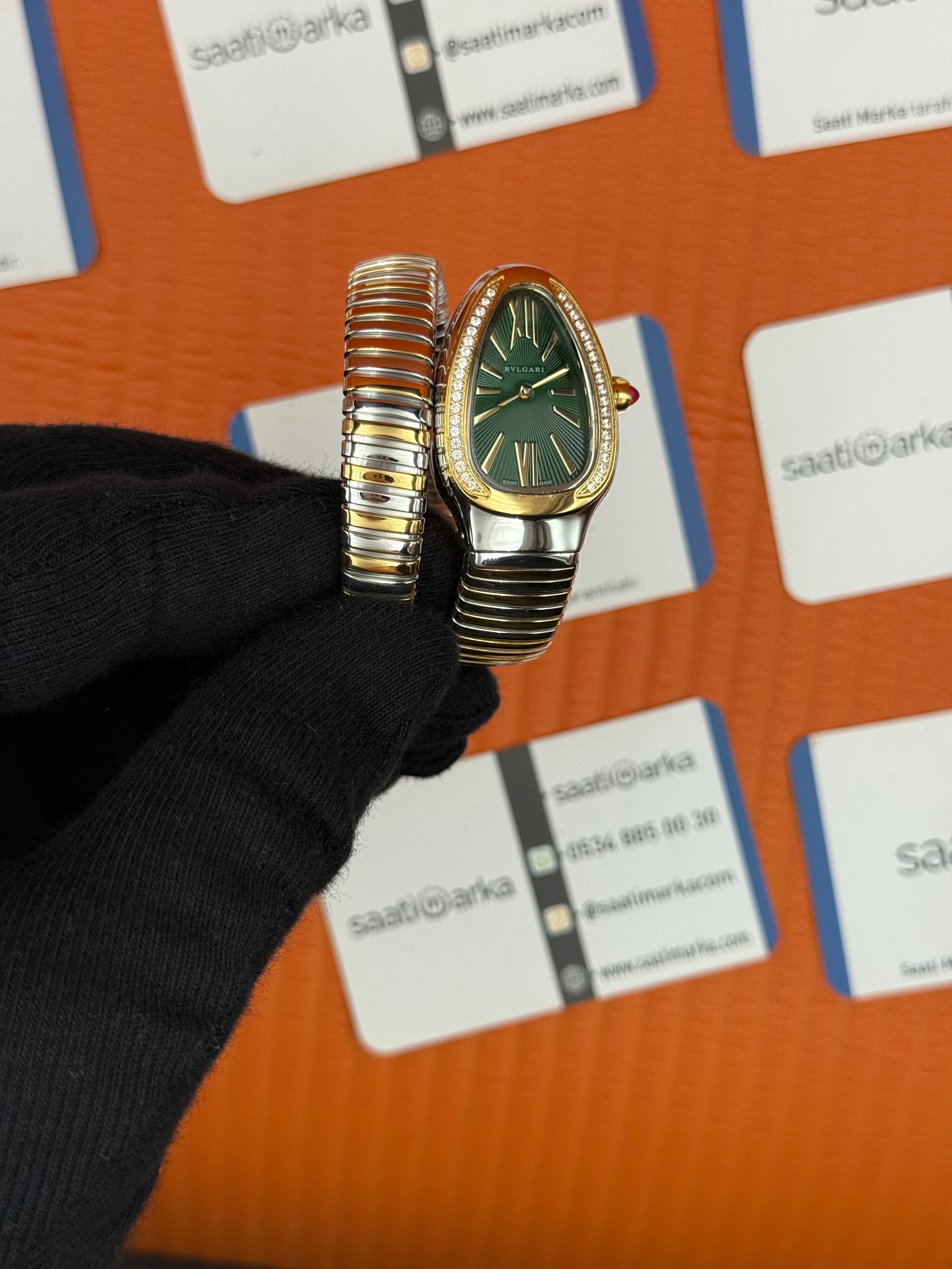 BVLGARİ serpenti tek sarma gold silver kordon taşlı bezel yeşil kadran kadın kol saati