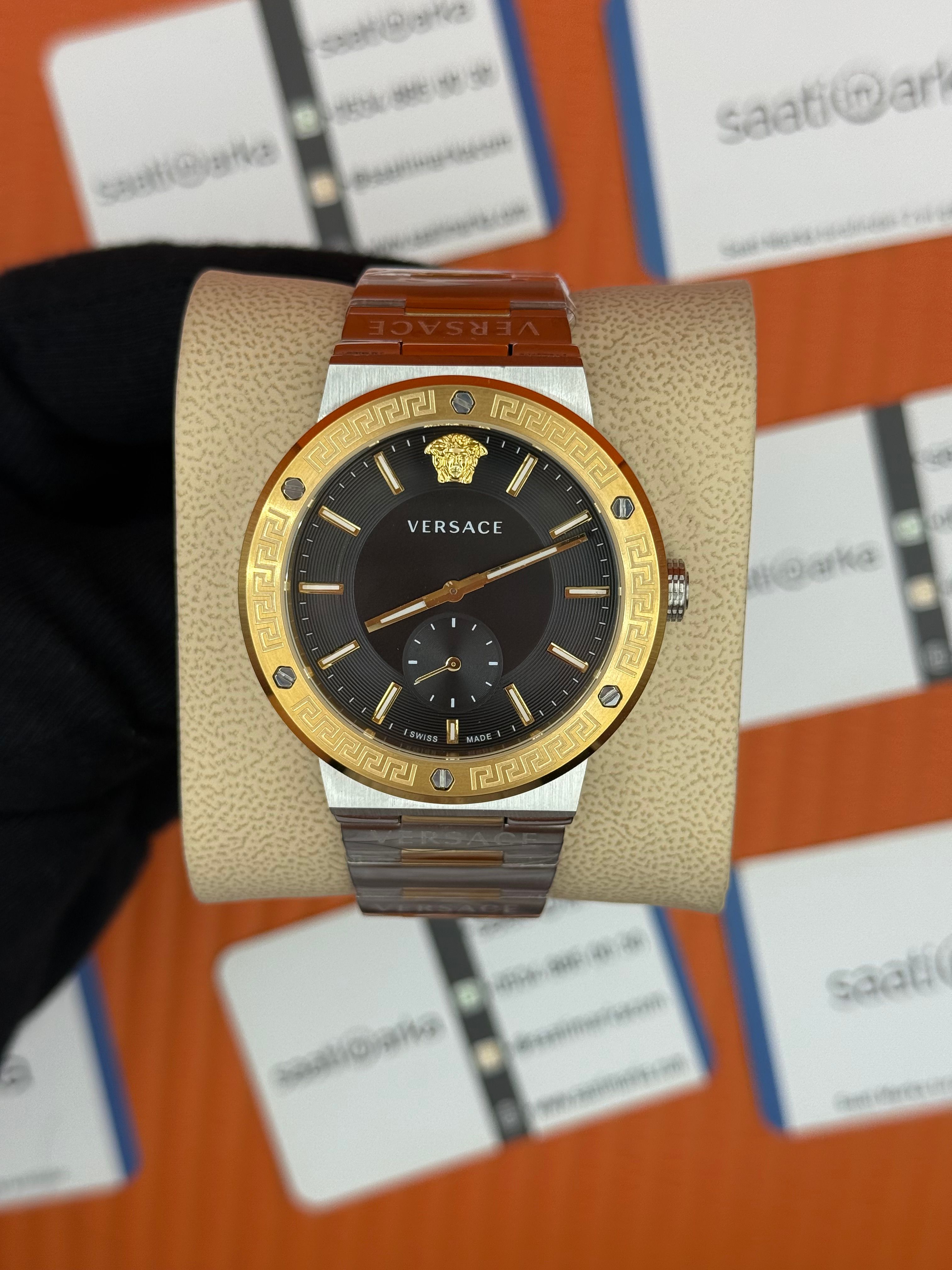 VERSACE siyah kadran gold silver kasa kordon erkek kol saati