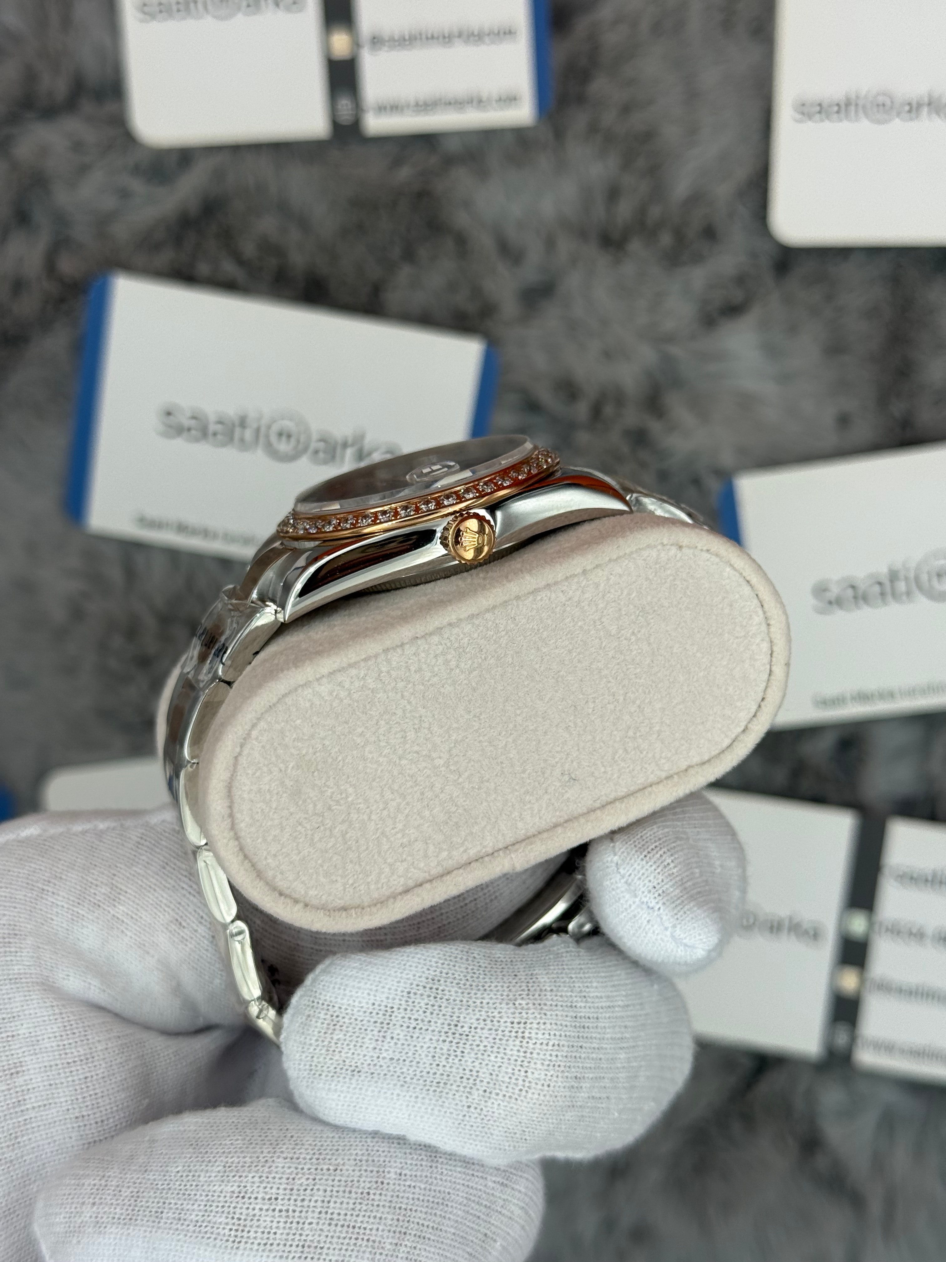 ROLEX Datejust 36mm gri kadran taşlı bezel silver kasa rose silver oyster kordon 