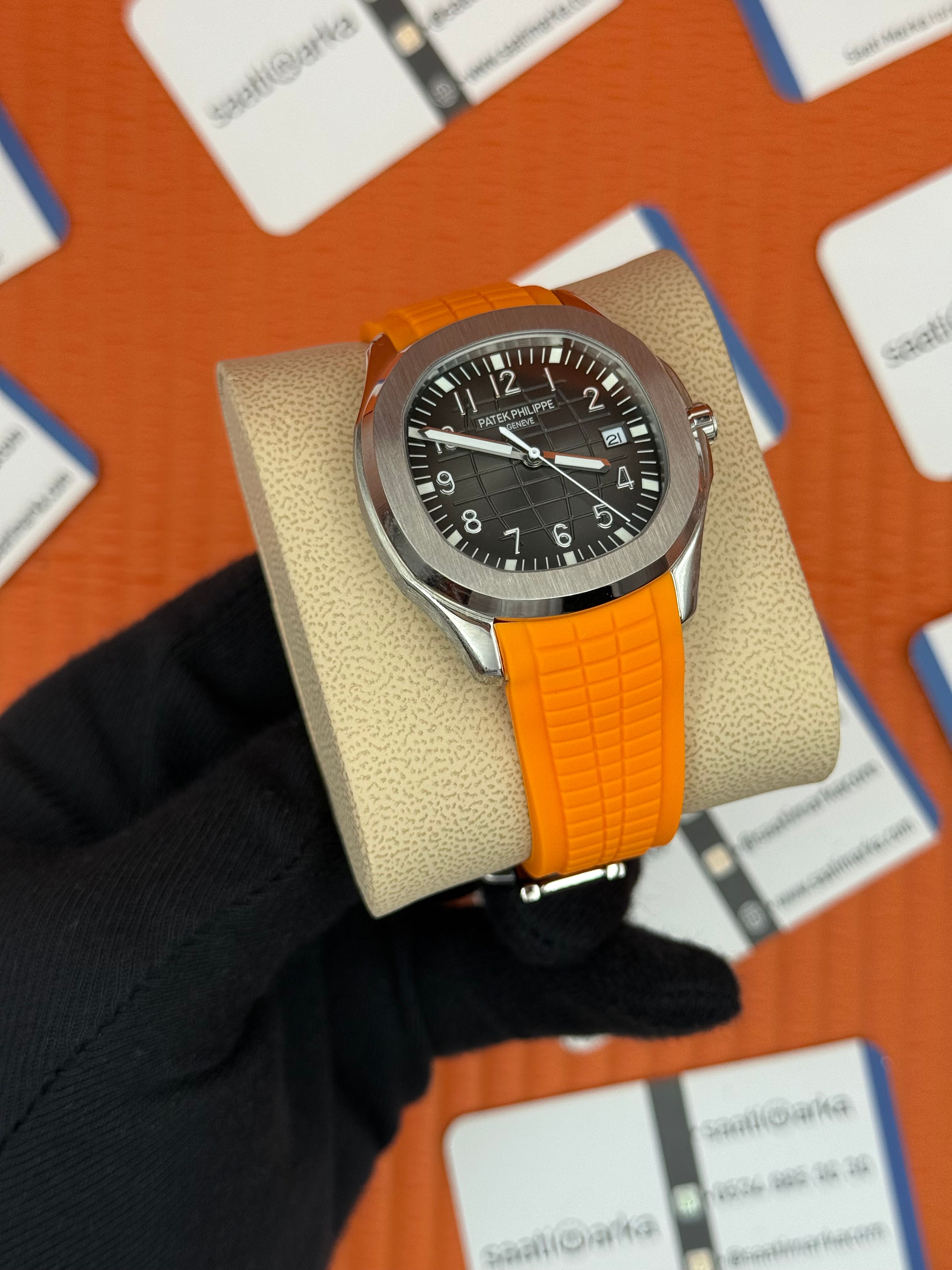PATEK PHILIPPE AQUANAUT TURUNCU KAUÇUK KORDON GRİ KADRAN SİLVER KASA 
