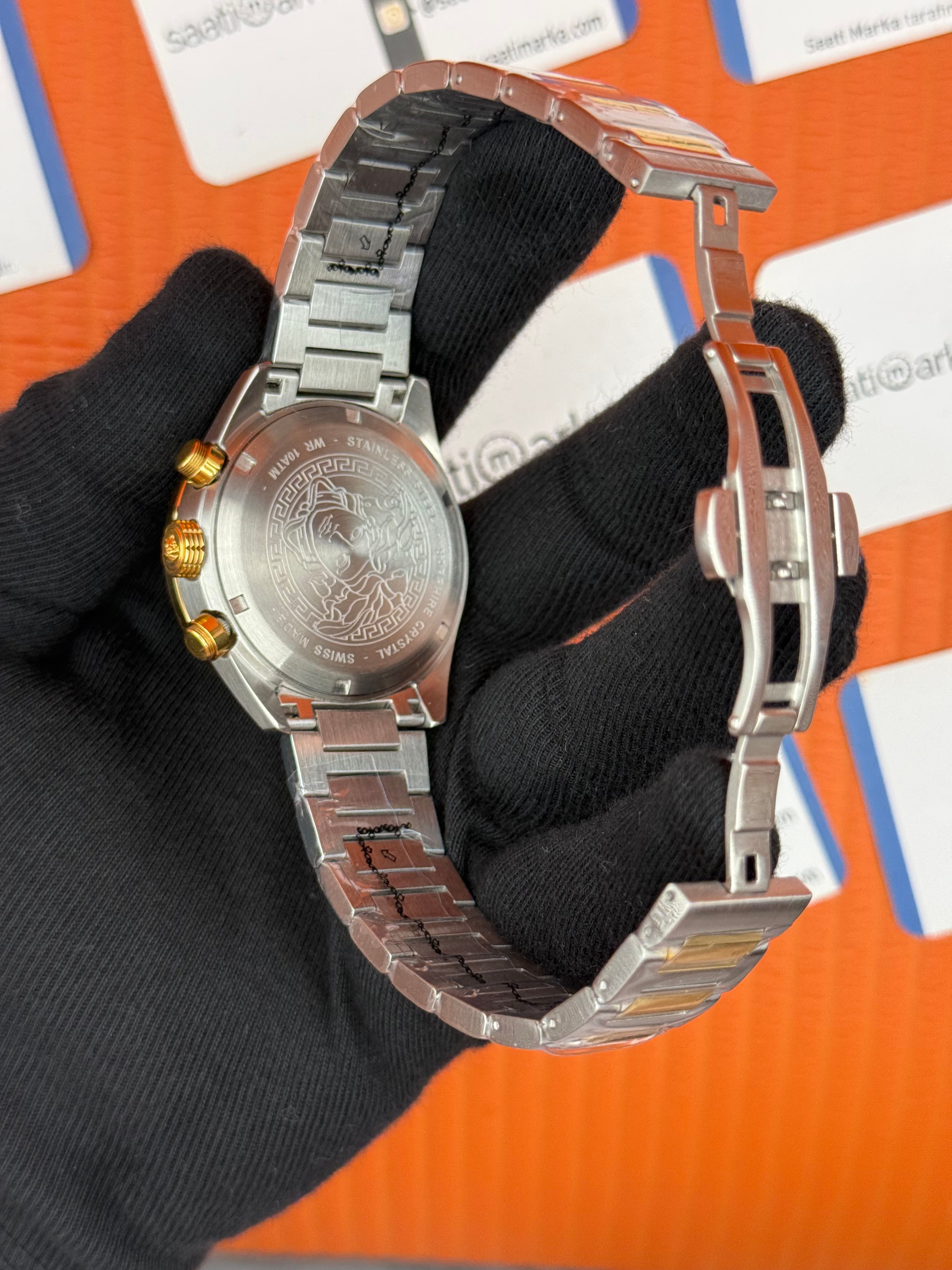VERSACE mavi kadran gold silver kasa kordon siyah bezel erkek kol saati