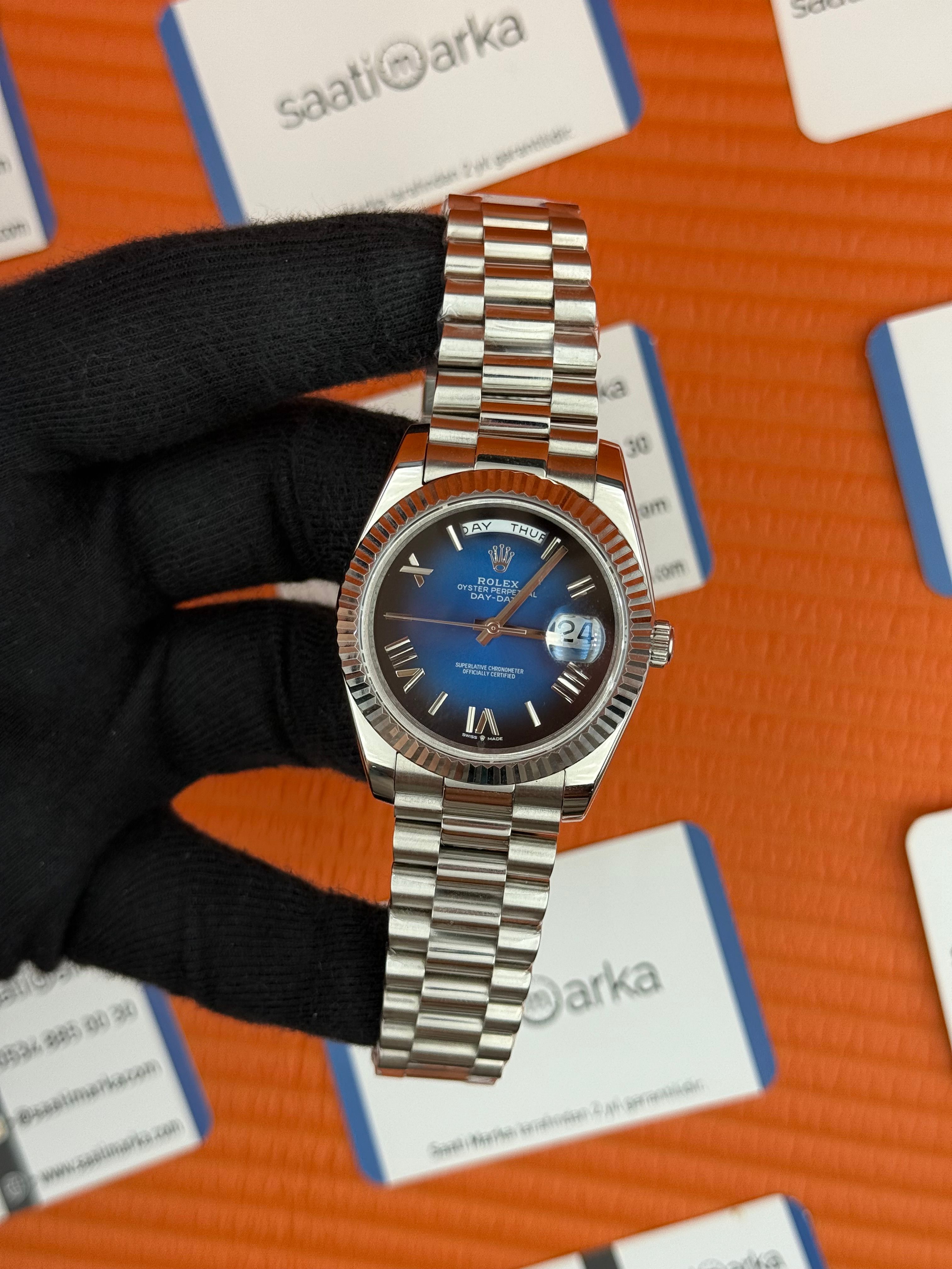 ROLEX Day Date roma rakamlı mavi siyah kadran silver president kordon