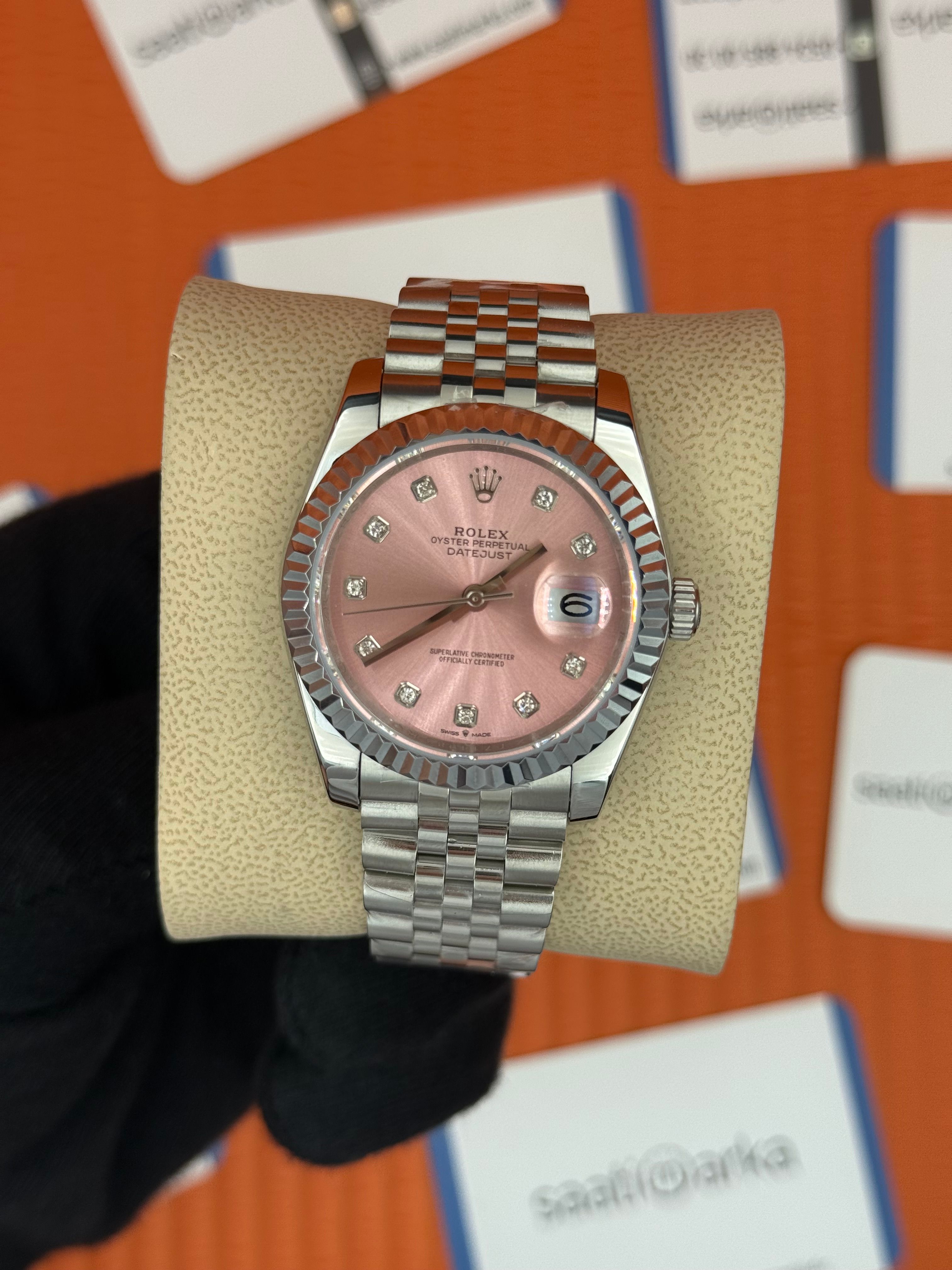ROLEX datejust 36mm silver jubile kordon pembe baget taş kadran